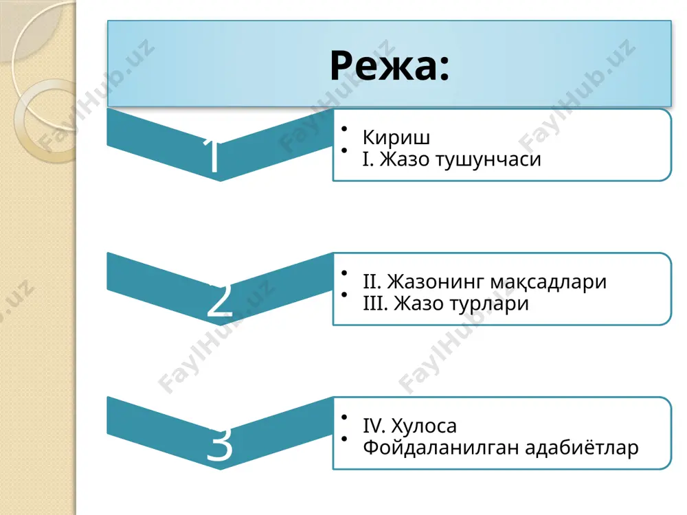 ; jk-49 moddasi j) ozodlikdan mahrum qilish; jk-50 moddasi z) umrbod ozodlikdan mahrum qilish. jk-51 moddasi 7 iv. xulosa jazo — jinoyat huquqining asosiy institutlaridan biri bo'lib, uning samarali qo'llanilishi jamiyatda huquqbuzarlikning kamayishiga, adolatning tiklanishiga va shaxslarning tuzalishiga xizmat qiladi. jazo qat'iylik bilan qo'llanilishi kerak, biroq bu qat'iylik adolat va insonparvarlik bilan uyg'unlashgan bo'lishi shart. shu yo'sinda, jazo jamiyatda huquqiy ong va tartibning yuksalishiga turtki bo'ladi. foydalanilgan adabiyotlar 1. o'zbekiston respublikasi jinoyat kodeksi 2. jinoyat huquqi bo'yicha darsliklar va o'quv qo'llanmalar 3. qonunchilikka oid ilmiy maqolalar va tahlillar e'tiboriz uchun raxmat image2.png image3.jpeg /docprops/thumbnail.jpeg