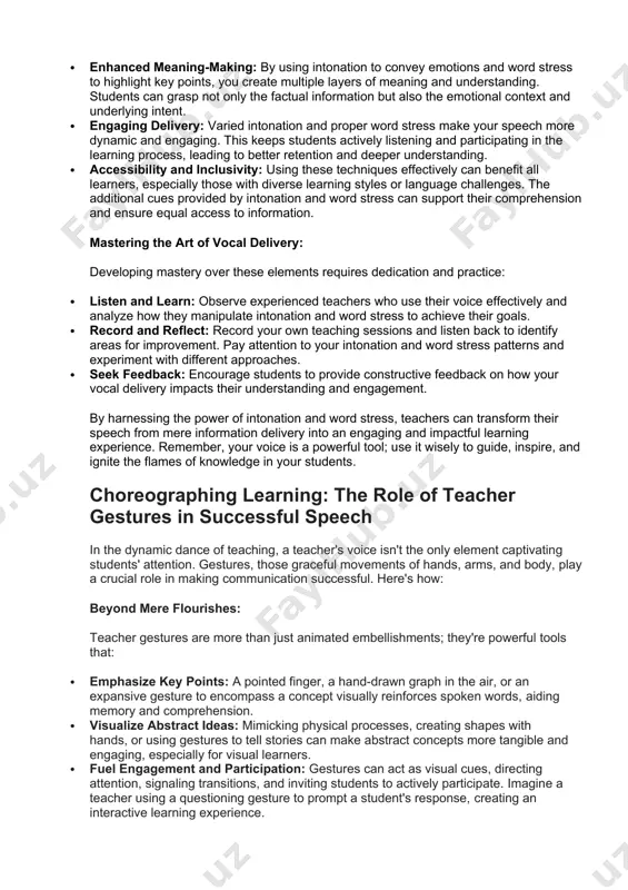e. · clarifying meaning: in english, word stress often changes the meaning of a word. saying "we cannot wait any longer" emphasizes urgency, while "we cannot wait any longer" implies doubt or resistance. using proper word stress ensures students grasp the intended meaning accurately. · building comprehension: by stressing key words and phrases, you break down complex sentences into manageable chunks for students to process. this can be particularly helpful for students with language barriers or learning difficulties. the synergistic effect: when combined effectively, intonation and word stress create a powerful synergy that amplifies learning: · enhanced meaning-making: by using intonation to convey emotions and word stress to highlight key points, you create multiple layers of meaning and understanding. students can grasp not only the factual information but also the emotional context and underlying intent. · engaging delivery: varied intonation and proper word stress make your speech more dynamic and …