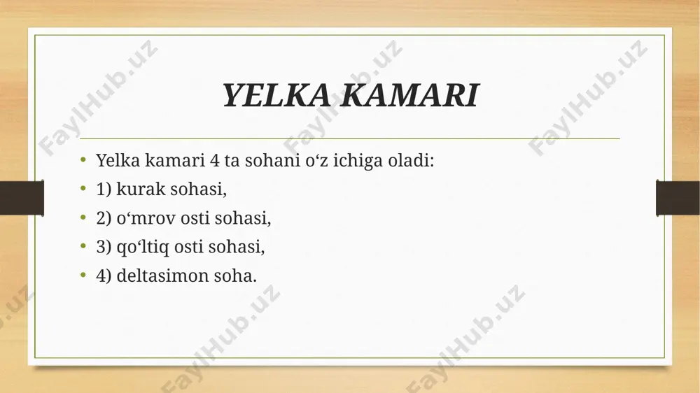 n lateral va medial chiziqlar sohani kaft va kaft orqasi yuzalariga ajratadi. 37 panjaning kaft yuzasi sohasi, regio palmae manus kaft chuqurligi plica thenaris kanavelning taqiqlangan zonasi monticuli 38 kaft sohasi terisi innervatsiyasi retinaculum flexorum 40 canalis carpi retinaculum flexorum ikki varaqdan iborat bo`lib, chuqur varaq va kaft usti suyaklari orasida canalis carpi hosil bo`ladi va undan 9 ta pay va n.medianus o`tadi. yuza varaq va chuqur orasida esa canalis carpi radialis va canalis carpi ulnaris`lar hosil bo`ladi. 41 kaft apponevrozi (apponeurosis palmaris) retinaculum flexorum varaqlari orasidan kaft uzun muskulining payi kaft sohasiga o‘tadi va yelpig‘ich shaklida kengayib, kaft aponevrozi – aponeurosis palmaris`ni hosil qiladi. komissural teshiklar 3 ta bo‘lib, ii, iii, iv barmoqlararo burmalardan proksimalroq joylashgan. ularni distal tomonda barmoqlararo burmalar asosi bo‘ylab ko‘ndalangiga yotuvchi kaftning yuza ko‘ndalang boylami – lig. metacarpeum transversum superficiale chegaralaydi. thenar mushaklari bosh barmoq ekzartikulyatsiyasidan keyin i kaft suyagini falangalashtirish operatsiyasida, bosh barmoqni yaqinlashtiruvchi …