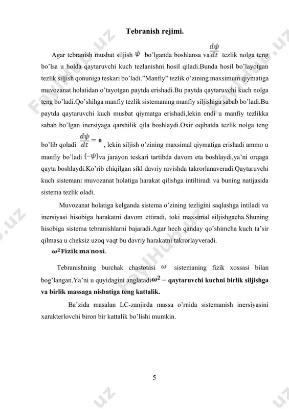 higa to’g’ri kelgan burchak tezlik ga teng. shunday qilib quyidagilarni olamiz: shuningdek bu ikkita tenglamadan musbat o’zgarmaslar a vani aniqlashimiz mumkin. massa va prujina:bo’ylama tebranish. agar m-massa yerda ishqalanishsiz sirpana olsin.u harakatlanmaydigan devorga ikkita bir xil massasiz va bikrligi -bo’lgan prujinalar yordamida mahkamlangan bo’lsin.prujinaning kengaymagan holatdagi uzunligi a0bo’lsin.muvozanat holatida har bir prujinaning cho’zilishi a bo’lsin va prujinaning tarangligi bo’lib qoldi.chap devordan m-massali yo’kchaga bo’lgan masofa –ga teng,o’ng tomondagi devordan uzoqligi ga teng bo’lib qoladi. chap prujina yo’nalishda kuch ta’sir qiladi,o’ng prujina yo’nalishda kuch ta’sir qiladi. massaga ta’sir qiluvchi to’liq,kuch yo’nalishda ikkita kuchning yig’indisi sifatida aniqlanadi. nyutonning ikkinchi qonuniga asosan m-massali yo’kning muvozanat holatidan chetlashishi ga teng.uni funksiya yordamida quyidagicha yozishimiz mumkin. 1.3 rasm u holda demak (9) tenglamani quyidagicha yozishimiz mumkin (10) tenglamaning umumiy yechimi garmonik funksiya bo’ladi ya’ni quyidagiga teng . massa va prujina: ko’ndalang tebranish. bizga 1.4 rasmda ko’rsatilgandek sistema berilgan bo’lsin.m-massali yo’k bir uchi devorga mahkamlangan ikkita …