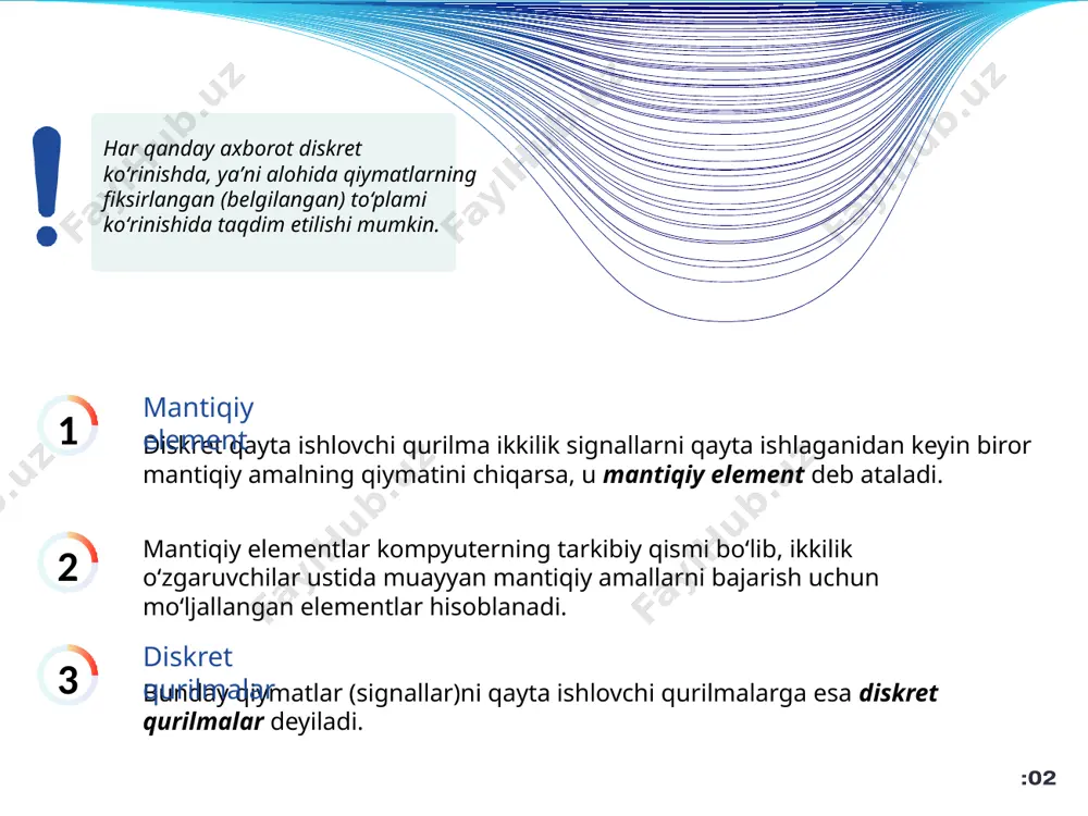 tiqiy amalni bajaradi: konyunktor – mos tushish sxеmasida kamida ikkita (a, b) kiruvchi va bitta (a&b) chiquvchi signal mavjud. raqamli sxemalarda “va” mantiqiy elementi 1-rasmda ko‘rsatilgandek belgilanadi. xorij sxemalarida “va" elementining belgisi boshqacha ko‘rinishga ega (rasmga qarang). uni qisqacha and elementi deb atashadi. konyunktor mantiqiy o‘zgaruvchi deb, faqat ikkita: 0 va 1 qiymatni qabul qiluvchi kattalikka aytiladi. mantiqiy funksiya deb, argumentlari faqat 0 va 1 qiymatni qabul qiluvchi funksiyaga aytiladi. dizyunktor – yig‘uvchi sxеmada ham kamida ikkita (a, b) kiruvchi va bitta (a yoki b) chiquvchi signal mavjud. ikkita (a, b) kiruvchi signal uchun “yoki” mantiqiy elementi biroz boshqacha ishlaydi. dizyunktor invertor sxemasida faqat bitta (a) kiruvchi va bitta (a emas) chiquvchi signal mavjud. invertor sxemasi “teskari zanjir” deb ham ataladi. invertor sxemasida kiruvchi signalning qiymati qarama-qarshisiga o‘zgaradi, masalan, kiruvchi signal “1” kirish signali bilan ta’minlansa, chiquvchi signal orqali “0” signali hosil bo‘ladi va aksincha. raqamli sxemalarda “emas” mantiqiy elementi …