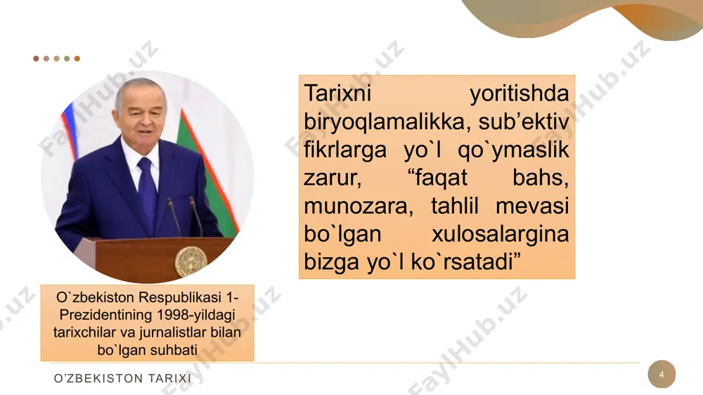 alar bilan asoslanganlik tamoyili “o‘zbekiston tarixining mintaqa va jahon tarixi bilan bog‘liqligi tamoyili o’zbekiston tarixi reja: 16 3. o’zbekiston respublikasi prezidenti shavkat mirziyoyevning ma’naviy yetuk shaxsni tarbiyalashda tarixiy xotiraning o’rni va saboqlari to’g’risidagi fikrlari. o’zbekiston tarixi o‘zbekistonning eng yangi tarixi 17 prezident shavkat mirziyoev ma’naviy etuk shaxsni tarbiyalashda tarixiy xotiraning o‘rni va saboqlari to‘g‘risida fikr bildirib, mustaqillik yillarida haqqoniy tariximizni o‘rganish borasida ko‘plab ilmiy va nazariy xulosalarni berib kelmoqda. bu borada o‘z fikr mulohazalarini bildirgan prezidentimiz quyidagilarni qayd etadi: ”afsuski, yurtimiz tarixini o‘rganishda o‘tgan davrlarda arxeologik tadqiqotlar etarli darajada olib borilmadi. shuning uchun fanlar akademiyasining arxeologiya va san’atshunoslik institutlari faoliyatini, oliy o‘quv yurtlari va muzeylardagi arxeologik izlanishlarni chet ellik hamkorlar bilan birga tashkil etish zarur”. o’zbekiston tarixi o‘zbekistonning eng yangi tarixi 18 tarix fani va unga oid bilimlar jamiyat manfaatlariga, insonlarning ma’naviy dunyosiga ijobiy ta’sir qilishi, kishilarda tarixiy xotira, ajdodlar merosidan faxrlanish tuyg‘usini uyg‘ota olishi lozim. bu borada o‘z fikrlarini …