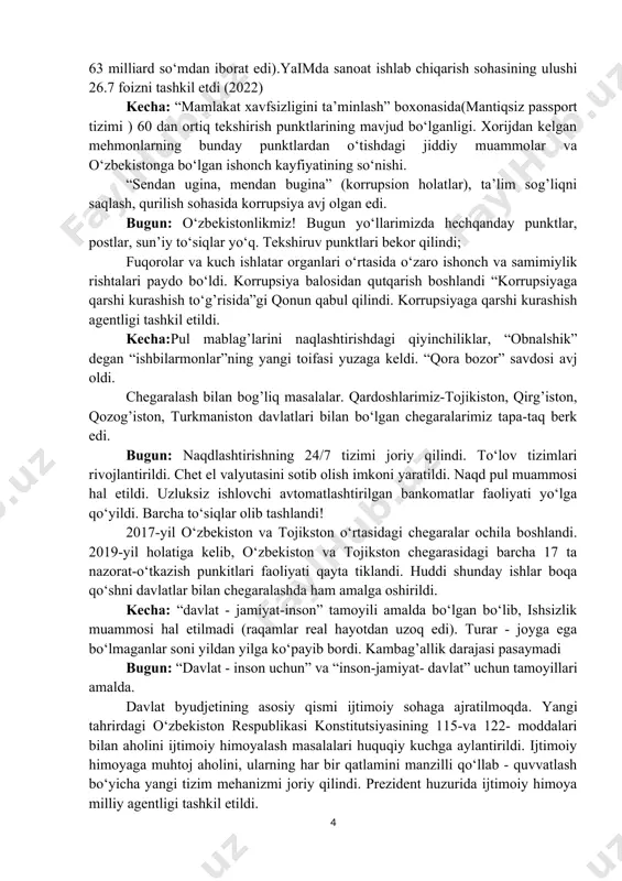 yangi qiyofasi shakllandi, xalqimiz dunyo- qarashi o‘zgardi. bu qutlug‘ o‘zgarishlarni har kuni o‘z hayotimizda, ko‘cha-ko‘yda, obod mahallalarda, oilalardagi to‘kislik muhitida, xalqimiz hamjihatligi ruhida sezamiz. “cotton campaign” xalqaro kaolitsiyasi tomonidan o‘zbekiston paxtasiga joriy qilingan boykot bekor qilindi. yangi tahrirdagi konstitutsiyaning 44-moddasida majburiy mehnat taqiqlandi. ta’lim sifati ijobiy tomonga o‘zgardi. kecha: “yopiq mavzu”lardan biri kambag’allik masalasi edi. rasmiy ma’lumotlarda kambag’allik bo‘yicha axborotlar berish mumkin bo‘lmagan.kambag’allik so‘zi o‘rniga “ehtiyojmand”, “kam ta’minlangan” kabi so‘zlar ishlatildi.ijtimoiy norozilik holati yildan-yilga ortib bordi. o‘zbekiston- agrar industrial davlat. davlat korxonalarining transformatsiyasi hamda xususiylashtirish jaroyonlari amalga oshmadi. sanoatni rivojlantirishning fundamental drayverlari yaratilmadi.yaimda sanoat ishlab chiqarish sohasining ulishi 19.5 foizni tashkil etdi (2016). bugun:kambag’allik -iqtisodiy-ijtimoiy siyosatining dolzarb masalasiga aylandi. kambag’allik masalasi ilk bor 2020 yil 24-yanvardagi o‘zbekiston respublikasi prezidentining oliy majlisga murojaatnomasida ko‘tarildi. “2021-2023 yillarda o‘zbekiston respublikasida kambag’allikni qisqartirish konsepsiyasi” ishlab chiqildi. bugungi kunga kelib 1.6 million kishi kambag’allikdan chiqarildi. o‘zbekiston -industrial- agrar davlat.sanoat sohasi rivojlanishi asosiy vazifaga aylandi.yaim hajmi …