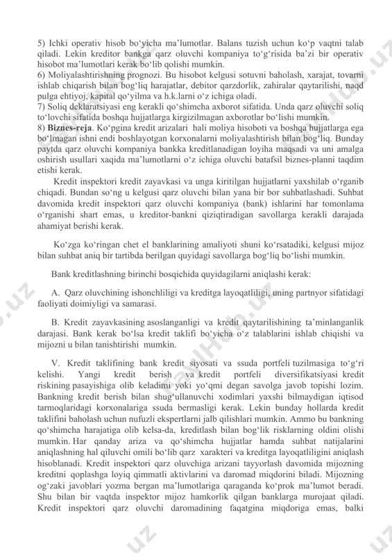 i axborot manbasiga bo‘lishidir. kredit mexanizmi xo‘jalik mexanizmining tarkibiy qismi bo‘lib, o‘z ichiga kreditlash shartlarini, usullarini va kreditni boshqarish tamoyillarini oladi. kredit mexanizmi yordamida bank tizimining kredit siyosati amalga oshiriladi. kreditlash jarayonini tashkil qilish kredit zayavkasini ko‘rib chiqishdan boshlanadi. biz amaliyotda kredit zayavkalarini ko‘rishda nimalarga e’tibor berish zarurligini ta’kidlamoqchimiz. har bir mijozga chuqur diqqatlilik bilan munosabatda bo‘lish, har bir bank xodimining faoliyat ko‘rsatish qoidalarining ajralmas qismi bo‘lishi kerak. odatda o‘z mijozlariga diqqat bilan muomala qilmaydigan xodimlari bo‘lgan bankning, bizning fikrimizcha, kelajagi bo‘lmaydi. bizning banklarimiz bilan mijozlar o‘rtasidagi iqtisodiy munosabatlarning aksariyat jihatlari bizga ma’lum bo‘lganligi bois biz amaliyotimizda bank bilan mijoz o‘rtasida mavjud kredit munosabatlarga to‘xtalmasdan, jahon amaliyotida kredit jarayonining tashkil qilinish asoslariga qisqacha to‘xtalamiz. jahon amaliyotida kreditlash jarayonini tashkil qilishda bank xodimi mijozlarga kreditlash shartlari haqida ma’lumot beradi va bankning anketa savollariga javob berishni taklif qiladi. chet el banklarida mijozlar bilan bo‘lgan birinchi va undan keyingi uchrashuvlar natijasi hisobotlarda umumlashtiriladi. …