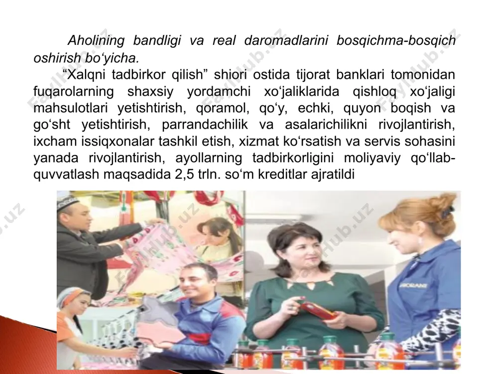 n birgalikda “mahallaning eng namunali tadbirkor ayoli” tanlovining mahallalararo va tuman (shahar) bosqichlarini o‘tkazish nizomi ishlab chiqildi. joriy yilning iyun oyida har bir mahallada tanlov o‘tkazilib, bittadan eng yaxshi deb topilgan biznes loyiha tanlab olinadi. tuman (shahar) bosqichi iyul-avgust oyida o‘tkazilishi belgilangan. “tadbirkor qizning eng yaxshi loyihasi-2017 yil” tanlovini o‘tkazish to‘g‘risida qo‘shma qaror 2017 yil 20 mart kuni imzolandi. tanlovning nizomi, tashkiliy ishchi guruh a'zolari shakllantirildi. aholini ijtimoiy himoya qilish va sog‘liqni saqlash tizimini takomillashtirish. mazkur bo‘limda 2017 yilda amalga oshirilishi nazarda tutilgan maqsadlar uchun hisobot davrida 37,0 mlrd. so‘m (5%) va 9,2 mln. aqsh dollari (9%) yo‘naltirildi. qoraqalpog‘iston respublikasi, viloyatlar va toshkent shaxridagi 9 766 ta fuqarolarning o‘zini o‘zi boshqarish organida fuqarolar yig‘ini raisining o‘rinbosari – keksalar va faxriylar ishlari bo‘yicha maslahatchilari saylovlari o‘tkazilmokda. bugungi kungacha 1 371 ta mahallada fuqarolar yig‘ini raisining o‘rinbosari – keksalar va faxriylar ishlari bo‘yicha maslahatchilari saylangan. saylov jarayonlari davom etmoqda. 978 nafar pensiya …
