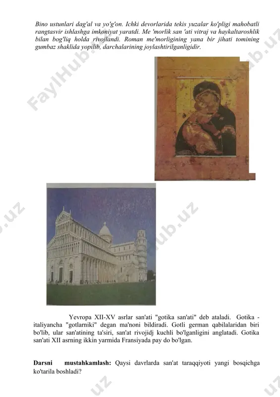 oman so'zi lotincha "rimniki" degan so'zdan olingan. roman uslubida qurilgan binolar birmuncha past, ko 'rinishi jiddiy va og fir, devorlari qalin va mustahkam, eshik, darvoza va derazalari ensiz. bino ustunlari dag'al va yo'g'on. ichki devorlarida tekis yuzalar ko'pligi mahobatli rangtasvir ishlashga imkoniyat yaratdi. me 'morlik san 'ati vitraj va haykaltaroshlik bilan bog'liq holda rivojlandi. roman me'morligining yana bir jihati tomining gumbaz shaklida yopilib, darchalarining joylashtirilganligidir. yevropa xii-xv asrlar san'ati "gotika san'ati" deb ataladi. gotika - italiyancha "gotlarniki" degan ma'noni bildiradi. gotli german qabilalaridan biri bo'lib, ular san'atining ta'siri, san'at rivojidj kuchli bo'lganligini anglatadi. gotika san'ati xii asrning ikkin yarmida fransiyada pay do bo'lgan. dаrsni mustahkamlash: qaysi davrlarda san'at taraqqiyoti yangi bosqichga ko'tarila boshladi? baholash : o’quvchlar izohli baholanadi. uyga vazifa: tasviriy san’atga o’rta asrlar rassomlar haqida ma’lumot to’plash. fan: tasviriy san’at tekshirdim:_______________ sana ________________ sinf: 6 3-4-mavzu : harakatdagi odam, sportchi gavdasini (figurasi) grafik va haykaltaroshlik usulida tasvirlash. dars maqsadi: …