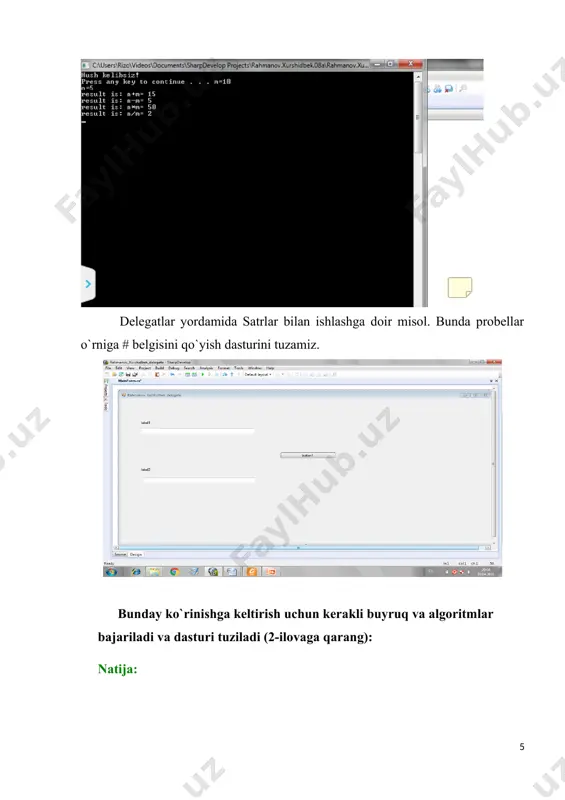 ne()); if ((a % 2 == 1) || (b % 2 == 1)) console.writeline("\n\tmulohaza rost"); else console.writeline("\n\tmulohaza yolg'on"); console.readkey(); } } natija: 3-topshiriq. 10 dan katta juft sonlar sonini chiqaruvchi dastur tuzing(linq). dastur kodi: using system; using system.collections.generic; using system.linq; using system.text; using system.threading.tasks; namespace linq { class program { static void main(string[] args) { int [] sonlar = {1,2,3,4,5,6,7,8,9,10,22,35,45,91,36,100,26,56,44,16,44}; int soni = (from i in sonlar where i % 2 == 0 && i > 10 select i).count(); console.writeline(soni); //console.writeline(i); console.readkey(true); } } } natija: 4-mavzu. dasturlashda wpf texnologiyasidan foydalanish. windows form application muhitida ikki sonning yig`indisini kvadratini topish dasturini tuzamiz. (a+b)2 . avval bu ko`rinishga keltirish uchun kerakli buyruq va algoritmlar tuziladi. keyin dasturini tuzamiz: using system; using system.collections.generic; using system.drawing; using system.windows.forms; namespace rahmanov_xurshidbek { /// /// description of mainform. /// public partial class mainform : form { public mainform() { // // the initializecomponent() call is …