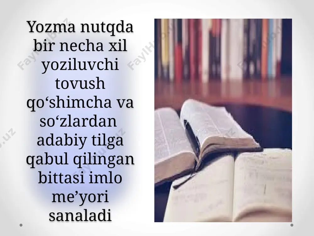 jahon, jiyda, tijorat; rivoj, vaj kabi so‘zlarda til oldi jarangli qorishiq undoshni ifodalaydi; 2) jurnal, projektor; gijda, ajdar; garaj, tiraj kabi o‘zlashma so‘zlarda til oldi jarangli sirg‘aluvchi undoshni ifodalaydi. 19. ch ch harflar birikmasi choy, chiroyli, chaman; achchiq, uchun, bichiqchi; kech kabi so‘zlarda til oldi jarangsiz qorishiq undoshni ifodalaydi. 20. r r harfi rahmat, orom, doira, bor, diyor kabi so‘zlarda til oldi ovozdor titroq, undoshni ifodalaydi. 21. l l harfi lola, loyiq, la’l, iloj, mahal kabi so‘zlarda sirg‘aluvchi ovozdor yon undoshni ifodalaydi. 22. n n harfi: 1) non, nomus; ona, tana; bilan, tomon kabi so‘zlarda til oldi ovozdor burun undoshini ifodalaydi; 2) shanba, yonbosh, jonbozlik; yonma-yon kabi so‘zlarda n tovushi ba’zan m aytilsa xam, n yoziladi. 23. g g harfi: gul, go‘zal; ega, gugurt; teg, eg kabi so‘zlarda til oldi jarangli portlovchi undoshni ifodalaydi. 24. k k harfi ko‘l, ko‘ylak; uka, moki; tok, bilak kabi so‘zlarda til orqa jarangsiz portlovchi …