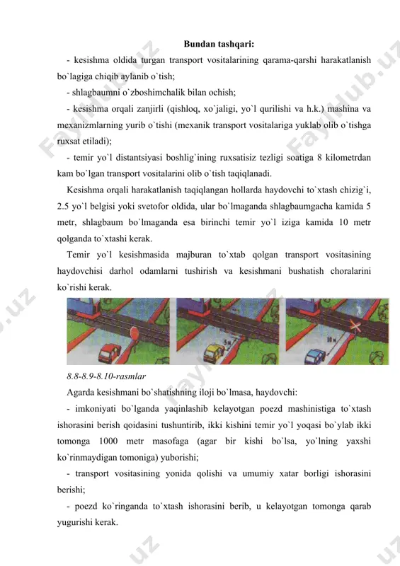 ari aholining istiqomat qilishi uchun mo`ljallangan bo`lib, undagi harakatlanish ko`cha va maydonlardagi harakatlanishdan katta farq qiladi. ko`pchilik holatlarda turarjoy dahalarida piyodalar uchun alohida trotuar bo`lmasdan, ularning harakatlanishi qat​nov qismi bo`ylab belgilangan (piyoda va transport vositalariga yagona yo`lka). transport vositasining turarjoy dahasidagi yo`lkalardan tranzit harakatlanishi ko`zda tutilmagan, balki bu yo`lkalar istiqomat joyi bilan shahar ko`chalarini bog`lash uchun xizmat qiladi. turarjoy dahalarida istiqomat qiluvchilar ko`p harakatlanishi va har qadamda muyulishlardan bolalarning yugurib chiqib qolishlari mumkinligini hisobga olib, haydovchi xavfsizlikni ta`minlaydigan tezlik bilan harakatlanishi (yhq. 12.1) hamda piyodalarga imtiyoz (yhq. 19.1) berishi lozim. to`xtash va to`xtab turish uchun piyodalar transport vositalarining harakatlanishiga xalaqit bermaydigan joyni tanlashi kerak (yhq- 14.4). atrof-muhitni ishlab bo`lgan gazlar bilan bulg`atmaslik, istiqomat qiluvchilarga ziyon yetkazmaslik uchun to`xtab turganida avtomobil yurgizgichini ishdan to`xtatib, o`chirib qo`yish kerak. qatnov qismining kengligi yetarli darajada bo`lmagani sababli to`la vazni 3,5 tonnadan ortiq bo`lgan yuk avtomobillari to`xtab turganida, o`z gabarit o`lchamlari bilan yo`lni piyoda va …