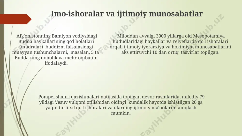 ida qo'l ishoralari orqali 5 ta asosiy ijtimoiy iyerarxiyani ifodalash tizimi mavjud bo'lganligi arxeologik topilmalar orqali tasdiqlangan. e'tiboringiz uchun rahmat @taqdimot_robot