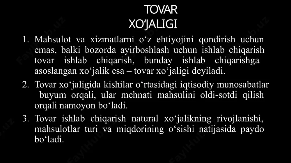 iyat mahsuloti tovar-pul shakliga aylantiriladi. bozor iqtisodiyotining vujudga kelishiga tovar ishlab chiqarilishi sabab bo‘lgan. tarixan bozor iqtisodiyoti rivojlanishining bir necha bosqichlari farqlanadi. kapital to‘planishning birlamchi bosqichi (18 asr oxiri – 19 asr boshlarida iti natijasidagi sanoat to‘ntarishi boshlanganda yakunlangan). erkin raqobat davri. jamiyat ishlab chiqarishining monopolizatsiyasi. aralash iqtisodiyot. 1. bozor munosabatlari iqtisodiyotning barcha jabhalariga singib ketgan va ularni qamrab oladi. 2. bozor munosabatlari iqtisodiyot faoliyatini tashkillashtirishning asosiy shakliga aylanadi. 3. bozor munosabatlari yalpi ijtiomiy mahsulotni takror ishlab chikarishning elementiga aylanadi. bozor iqtisodiyoti – bu tizimli tushuncha bo‘lib, quyidagilarni anglatadi, iqtisodiy nazariyada bozor iqtisodiyotining eng keng qo‘llaniladigan ta’riflaridan biri iqtisodiy aylanishni o‘rganishga asoslangan. iqtisodiy aylanish – bu daromadlar va xarajatlarning qarama-qarshi oqimlari bilan kechadigan haqiqiy boyliklarning aylanishidir. mazkur model o‘zidan iqtisodiyotda tovar va pul oqimlarining aylanishi deb atalgan bozor ishtirokchilari o‘rtasidagi o‘zaro munosabatlarning umumiyligini ifodalaydi. uning asosiy farazi shundan iboratki, iqtisodiyotda qarorlarni qabul qiluvchi ikkita sub’ekt mavjud – uy xo‘jaliklari va …
