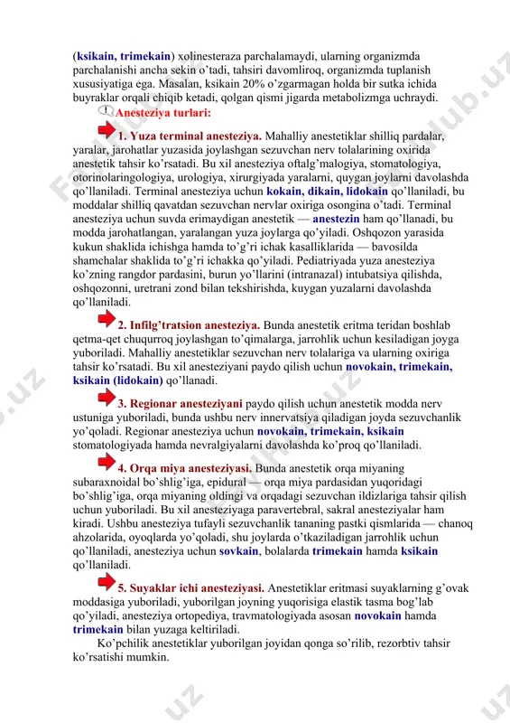 mda haroratga sezuvchanlik yo’qoladi. anestetiklar simpatik nerv tolalarini ham falajlaydi, yuborilgan joyda qon tomirlar kengayadi, harakatlantiruvchi nervlar ohirida sezuvchanlik yo’qoladi. mahalliy anestetiklar nerv tolaparining shvann po’stlog’idan o’tolmaydi, faqat qo’zg’aluvchanlik o’tadigan yo’llarni, ranvg’e tugunchalarini falajlaydi. anesteziya mahalliy anestetiklarning bevosita nerv to’qimalari bilan bog’lanishi tufayli kelib chiqadi. mahalliy anestetiklar nerv impulg’slari o’tishini markaziy hamda vegetativ gangliylarda falajlaydi. ular presinaptik tolalardan atsetilxolin, noradrenalinning ajralishiga to’sqinlik qiladi. mahalliy anestetiklar har xil anesteziya (yunoncha — an — inkor, anesthesis — sezuvchanlik) uchun, birinchi galda joylarda og’riqni bartaraf qilish uchun qo’llanadi. bular bolalarda kamroq, faqat tez o’tadigan, deyarli og’riq bermaydigan jarrohliklarni o’tkazish uchun qo’llanadi. bolalarda mahalliy anestetiklar ko’pincha umumiy narkoz moddalari bilan birga qo’llaniladi. mahalliy anestetiklarni farmakokinetikasi. kimyoviy tuzilishi jihatidan murakkab efirlarni (novokain, dikain) qondagi soxta xolinesteraza parchalaydi, ayniqsa novokain tez gidrolizga uchraydi. bunda novokain deyarli faol bo’lmagan paraminobenzoy kislota (pabk) hamda aminospirt — dietilaminetanolga (deae) parchalanadi. novokainning rezorbtiv tahsiri ushbu aminospirtga bog’liq. novokainning gidroliz mahsulotlari …