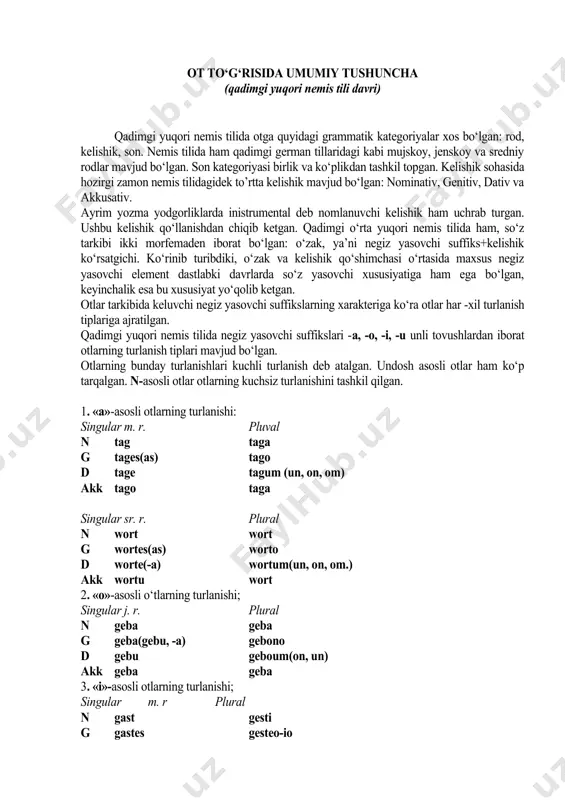 gesti 4. «n»-asosli otlarning turlanishi: bu asosga ega bo‘lgan otlar asosan kuchsiz turlanadi: bizga ma’lumki -n asosidan iborat bo‘lgan otlar hind-ovropa tillarida ham uchrab turadi. masalan: lotin tilida: nom. homo; gent. -hominis, akk. hominem, ko‘plikda hominess (qiyoslang: got tilida: guma, gent. guminis). demak ushbu keltirilgan misollarda -in asos tashkil qiluvchi suffiks bo‘lib, u faqatgina genitiv kelishigida namoyon bo‘ladi xolos: homin+is(gent). «n»-asosli otlarning nemis tilida turlanishi: -an(m. r)-an(sr. r)-on (j. r)-in(j. r). singular n namo herza zunga g namen (-in) herzen (-in) zungen d namen (-in) herzen (-in) zungun akk namon (-un) herza zungun plural n. namon (–um) herzun zungun g. namo (–no) herzono zungono d. namom (-on) herzom(-on) zungom(-on) akk. namon (-um) herzun(-on) zungum yangi yuqori nemis tili davrida ham otlarning shakl o‘zgarish sistemasiga (ya’ni turlanish sistemasiga) urg‘usiz bo‘g‘indagi unlilarning katta ta’sir ko‘rsatganligini ko‘ramiz. yuqorida qayd qilganimizdek, unlilarning reduktsiya jarayoni qadimgi yuqori nemis tili davridayoq boshlangan bo‘lib, o‘rta yuqori nemis …