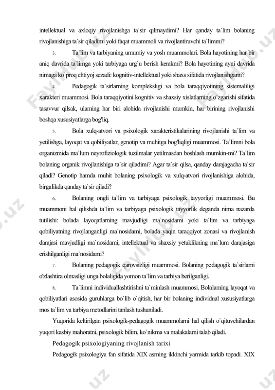 dligi ma`nosidami, intellektual va shaxsiy yetuklikning ma`lum darajasiga erishilganligi ma`nosidami? 7. bolaning pedagogik qarovsizligi muammosi. bolaning pe​dagogik ta`sirlarni o'zlashtira olmasligi unga bolaligida yomon ta`lim va tarbiya berilganligi. 8. ta`limni individuallashtirishni ta`minlash muammosi. bola​larning layoqat va qobiliyatlari asosida guruhlarga bo`lib o`qitish, har bir bolaning individual xususiyatlarga mos ta`lim va tarbiya metodlarini tanlash tushuniladi. yuqorida keltirilgan psixologik-pedagogik muammolarni hal qilish o`qituvchilardan yuqori kasbiy mahoratni, psixologik bilim, ko`nikma va malakalarni talab qiladi. pedagogik psixologiyaning rivojlanish tarixi pedagogik psixologiya fan sifatida xix asrning ikkinchi yarmida tarkib topadi. xix asrning 60-yillarida xalq ommasi orasida bilimlarni tarqatishga qaratilgan tashkilotlar paydo bo`la boshladi. bu davrda talabalarning tashabbusi bilan dehqon va hunarmandlarga ta`lim beradigan kattalarning yakshanbalik maktablari paydo bo`la boshladi. shuningdek, dastlabki xalq kutubxonalari va о`quv zallari (qiroatxonalar), mehnatkashlar uchun tekin kutubxonalar tashkil etildi; umumta`lim, amaliy va kasbiy bilim​larni ommalashtirishning keng tarqalgan shakllaridan biri xalq o'qishlari o'tkazila boshlandi. bilimlarni ommalashtirishda bilim jamiyatlari va komitetlari muhim rol o'ynadi. bunday …
