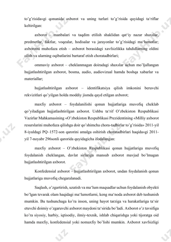 xfiy, konfedensial yoki nomaxfiy bo’lishi mumkin. axborot xavfsizligi tushunchasi, uning tashkil etuvchilari tavsifi. axborot xavfsizligi deganda tabiiy yoki sun‘iy xarakterdagi tasodifiy yoki qasddan qilingan ta‘sirlardan axborot va uni qo’llab-quvvatlab turuvchi infrastukturaning himoyalanganligi tushuniladi. bunday tа‘sirlar ахbоrоt sоhаsidаgi munоsаbаtlarga, jumladan, axborot egalariga, axborotdan foydalanuvchilarga va axborotni muhofaza qilishni qo’llab quvvatlovchi infrastrukturaga jiddiy zarar yetkazishi mumkin. o’zbekiston respublikasining 2002-yil 12-dekabrdagi №439-ii-sonli «axborot erkinligi prinsiplari va kafolatlari to’g’risida»gi qonunida axborot xavfsizligi axborot borasidagi xavfsizlik deb belgilangan va u axborot sohasida shaxs, jamiyat va davlat manfaatlarining himoyalanganlik holatini anglatadi. axborot sohasida shaxs manfaatlari fuqarolarning axborotdan foydalanishga doir konstitutsiyaviy huquqlarini amalga oshishida, qonunda taqiqlanmagan faoliyat bilan shug’ullanishida hamda jismoniy, ma‘naviy va intellektual rivojlanishda axborotlardan foydalanishlarida, shaxsiy xavfsizlikni ta‘minlovchi axborot himoyasida namoyon bo’ladi. inlashda, demokratiyani mustahkamlashda, ijtimoiy huquqiy davlatni qurishda, ijtimoiy hamjihatlikni qo’llab-quvvatlashda o’z aksini topadi. axborot sohasida davlat manfaatlari milliy axborot infrastrukturasining rivojlanishiga sharoitlar yaratishda, axborot olish sohasida shaxs va fuqarolarning konstitutsiyaviy huquq va erkinliklarini …
