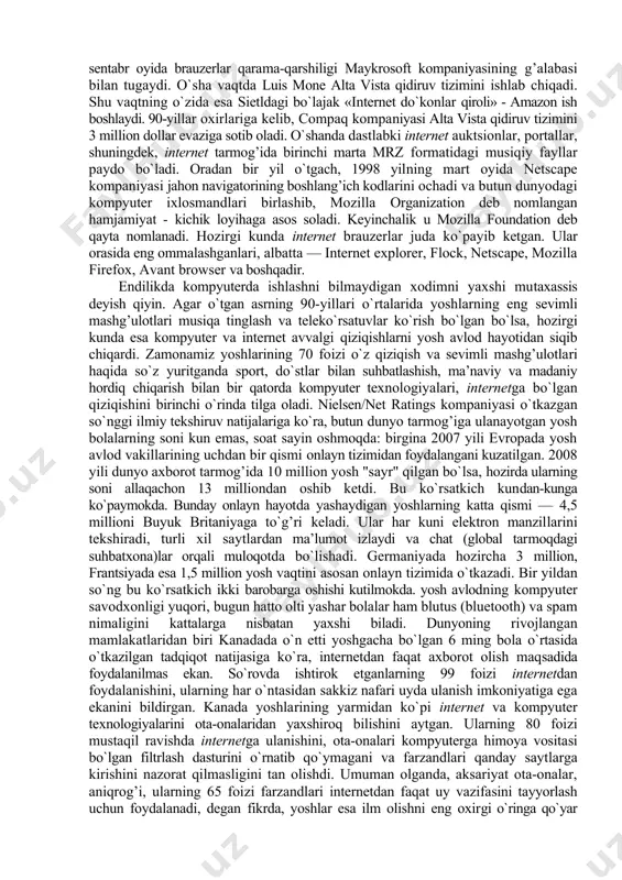 “bot”ning yangi fenomeni, ya’ni chatlarga bibliya matnlarini etkazish uchun suzib chiquvchi dasturlar orqali matnli ma’lumotni (хuddi paydo bo’luvchi oyna kabi) bir lahzada yuborish imkoniyatidan foydalanadilar. muqaddas matnlarning marketingi internet orqali katta biznesga aylandi. diniy va ma’naviy ehtiyojga mos keladigan barcha narsani sotib olish mumkin. diniy tanishuv saytlarida esa qalban mos insonni topish oddiy bosqichlarda amalga oshiriladi. yuqorida ko’rib o’tilgan jarayonlar internet bugungi kundalik turmushimizga qay darajada chuqur singib borganini namoyon qilmoqda. tobora kuchayib borayotgan globallashuv jarayonida ma’lumotning mazmuni va strategiyasini tahlil qilish muhim. chunki, bunday хurujlar yoshlarning ma’naviy-aхloqiy, psiхologik dunyoqarashini, siyosiy nuqtai-nazari va e’tiqodini maqsadli ravishda o’zgartirishga qaratilganligi hech kimga sir emas. aхborot хurujlari va kiber tahdidlardan himoyalanish, o’z navbatida, ularga qarshi kurashish uchun har bir kishi hushyor va ogoh bo’lishi, aхborotni tahlil qila bilishi lozimligini davrning o’zi talab etadi. aхborotlar oqimidan foydalanish bo’yicha yoshlarda sog’lom immunitetni hosil qilish, ijobiy tomonlarini o’rgatish bilan birga, salbiy oqibatlaridan хabardor etish muhim. 2 …