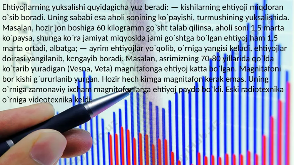 iyatninig iqtisodiy ne‘matlar ishlab chiqarish qobiliyatidir. salimov b.t., muxitdinova u.s., mustafakulov sh.i., salimov b.b. mikroiqtisodiyot: darslik -t.: tdiu, 2006. - 12 b. salimov b.t., muxitdinova u.s., mustafakulov sh.i., salimov b.b. mikroiqtisodiyot: darslik -t.: tdiu, 2006. - 12 b. 4. ne’mat tushunchasi va uning turlari iqtisodiy ne‘mat - bu ehtiyojni qondirish vositasi. ne‘matlar cheklangan va cheklanmagan bo’lishi mumkin. cheklangan ne‘matlarga tovarlar, xizmatlar va resurslar kiradi (avtomobil, kiyim-kechakc, non, paxta tolasi va boshqalar). cheklangan ne‘matlar iqtisodiy ne‘matlarni tashkil qiladi. cheklanmagan ne‘matlarga misol tariqasida havo va suv kirishi mumkin. o’zaro bir – birini to’ldiruvchi ne‘matlar – bu shaxsni yoki ishlab chiqarish ehtiyojini kopmlektlarda qondiradigan ne‘matlar. to’ldiruvchi ne‘matlardan biriga talab oshsa, qolganlariga ham talab oshadi. noyob nematlar ishlab chiqarish resurslari va ular asosida ishlab chiqariladigan resurslar. ishlab chiqarish resurslari takror ishlab chiqarilmaydigan fizik nuqtai nazardan chegaralangan ishlab chiqarish resurslari. bularga foydali qazilmalarni kiritish mumkin takror ishlab chiqariladigan ishlab chiqarish resurslari (bunga qishloq xojalik mahsulotlaridan …