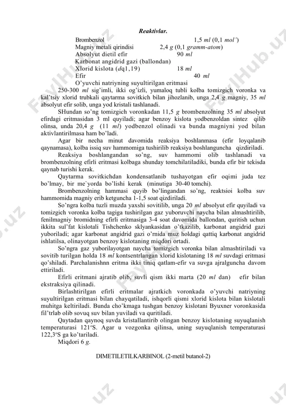 di. miqdori 13,5 g. benzoy kislota reaktivlar. brombenzol 1,5 ml (0,1 mol’) magniy metali qirindisi 2,4 g (0,1 gramm-atom) absolyut dietil efir 90 ml karbonat angidrid gazi (ballondan) xlorid kislota (dq1,19) 18 ml efir 40 ml o’yuvchi natriyning suyultirilgan eritmasi 250-300 ml sig’imli, ikki og’izli, yumaloq tubli kolba tomizgich voronka va kal’tsiy xlorid trubkali qaytarma sovitkich bilan jihozlanib, unga 2,4 g magniy, 35 ml absolyut efir solib, unga yod kristali tashlanadi. shundan so’ng tomizgich voronkadan 11,5 g brombenzolning 35 ml absolyut efirdagi eritmasidan 3 ml quyiladi; agar benzoy kislota yodbenzoldan sintez qilib olinsa, unda 20,4 g (11 ml) yodbenzol olinadi va bunda magniyni yod bilan aktivlantirilmasa ham bo’ladi. agar bir necha minut davomida reaksiya boshlanmasa (efir loyqalanib qaynamasa), kolba issiq suv hammomiga tushirilib reaksiya boshlanguncha qizdiriladi. reaksiya boshlangandan so’ng, suv hammomi olib tashlanadi va brombenzolning efirli eritmasi kolbaga shunday tomchilatiladiki, bunda efir bir tekisda qaynab turishi kerak. qaytarma sovitkichdan kondensatlanib …