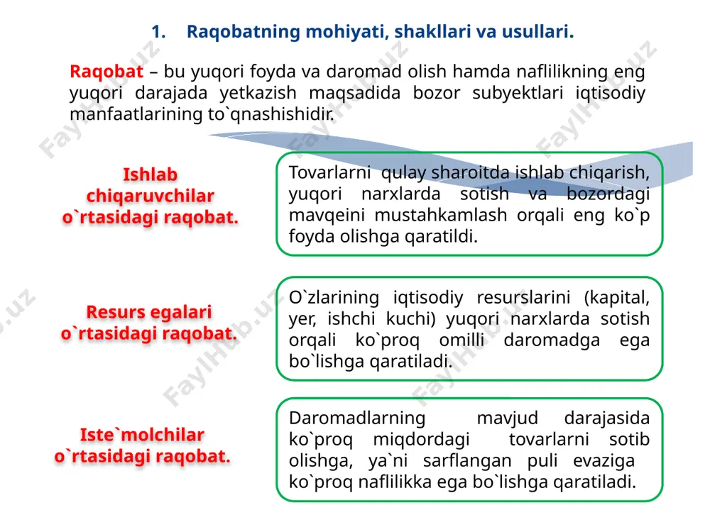 h. reklama , tovar belgilari, firma muhirlari hamda qadoqlash usullari tovarlar jozibadorligini oshirish va sotish hajmining ko`payishini rag`batlantirishning muhim yo`llari hisoblanadi. marketing –uning vositasida mahsulot ishlab chiqarish va sotish jarayonini talabga moslashtirishga harakat qilinadi. 2. monopoliyalarning iqtisodiy asoslari va ularning turlari. monopoliya – iqtisodiy faoliyatning biror sohasida (ishlab chiqarish, xizmat ko`rsatish, tijorat va h.k.) korxona yoki davlatning tanho hukmronligini ifodalaydi. monopoliyalarning kelib chiqish sabablari: kapitalning to`planishi va markazlashish. fan – texnika taraqqiyoti. davlatning ayrim faoliyat sohalarini qo`llab – quvvatlashi. o`zaro kelishish. monopoliyaning turlari bozorni qamrab olish darajasiga ko`ra: sof monopoliya, oligopoliya, monopsoniya farqlanadi. sof monopoliya – tarmoqdagi yagona ishlab chiqaruvchi yoki sotuvchining narx va ishlab chiqarish hajmini belgilashdagi yakka hukmronlik holati hisoblanadi. masalan: >dak, > dak, toshkent aviatsita ishlab chiqarish birlashmasi. oligopoliya – tarmoqdagi bir necha yirik ishlab chiqaruvchi yoki sotuvchining narx va ishlab chiqarish hajmini belgilashdagi hukmronlik holati hisoblanadi. masalan: o`zbekistonda sement (asosan bekobod,quvasoy, ohangaron, navoiy shaharlarida joylashgan) va …