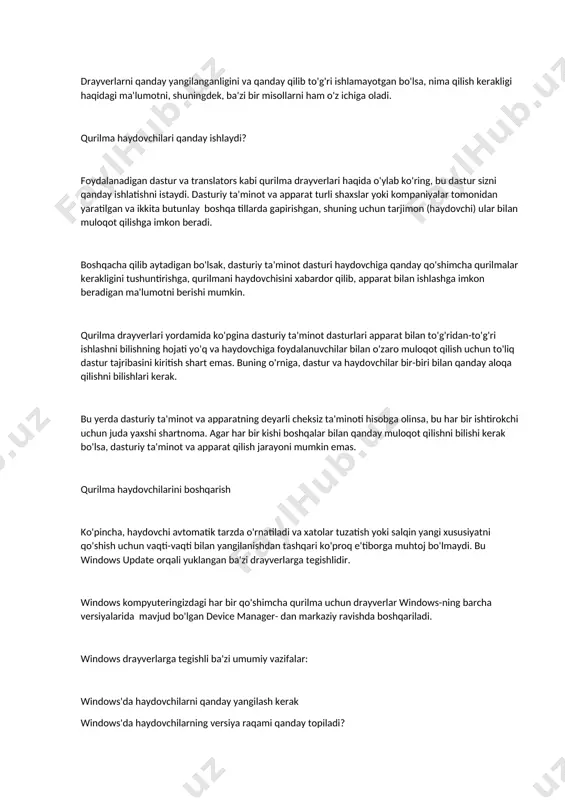 shu kurilmalar chiqaruvchi firmalarda yaratiladi va kurilmalar bilan birga tarkalinadi. masalan: monitorlar drayverlari, сd-rom lar drayverlari va xokazo. dastur koplamalar bu operatsion tizimning imkoniyatlardan chiroliy va qulay holda foydalanishni taminlovchi dasturlar. shulardan eng taniqliysi bu norton commanderqurilma drayveri operatsion tizim va boshqa dasturiy ta'minotni qandaydir apparat bilan bog'lanishni bildiradigan kichik dasturiy ta'minot. misol uchun, printer drayverlari operatsion tizimga va kengaytma orqali qanday dasturda siz chop etishni istagan narsangizni aniq qilib, sahifadagi ma'lumotni qanday chop etishni aytadi ovoz kartasi drayverlari kerak, shuning uchun sizning operatsion tizimingiz ovozli xotira kartalari yoki karnaylarga chiqishi mumkin bo'lgan tovush signallariga shu mp3 faylini o'z ichiga olgan 1 va 0-larni qanday qilib tarjima qilishni aniq biladi. xuddi shu umumiy g'oya video kartochkalarga , klaviaturalarga , monitorlarga va boshqalarga qo'llaniladi. drayverlarni qanday yangilanganligini va qanday qilib to'g'ri ishlamayotgan bo'lsa, nima qilish kerakligi haqidagi ma'lumotni, shuningdek, ba'zi bir misollarni ham o'z ichiga oladi. qurilma haydovchilari qanday ishlaydi? foydalanadigan …
