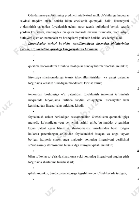ish imkonini ta’minlash maqsadida biryoqlama tartibda taqdim etilayotgan litsenziyalar ham kesishadigan litsenziyalar tarkibiga kiradi; · majburiy litsenziyalar – patent egasi o‘zi ishlab chiqqan ixtirodan uzoq muddat yoki yetarlicha foydalanmagan hamda litsenziyalarni sotishdan bosh tortgan hollarda davlat patent organlari tomonidan manfaatdor shaxsga patentlangan ixtiro, foydali model, sanoat namunasidan foydalanish uchun beriladigan ruxsatnomalar. o‘zbekiston qonunchiligiga muvofiq ko‘rsatilgan vaqt uch yilni tashkil qilib, bu muddat o‘tganidan keyin patent egasi litsenziya shartnomasini imzolashdan bosh tortgan hollarda patentlangan ob’ektdan foydalanishni istagan va unga tayyor bo‘lgan ixtiyoriy shaxs unga majburiy nomutlaq litsenziyani berilishini so‘rab rasmiy iltimosnoma bilan sudga murojaat qilishi mumkin; · ochiq litsenziya – litsenziyani ixtiyoriy manfaatdor shaxsga sotishga tayyor bo‘lgan patent egasining patent idorasiga berilgan rasmiy talabnomasi bo‘yicha patentlangan ob’ektdan foydalanish huquqini taqdim etish. bunday ochiq litsenziyani sotib olishni istagan shaxs patent egasi bilan to‘lovlar to‘g‘risida shartnoma yoki nomutlaq litsenziyani taqdim etish to‘g‘risida shartnoma tuzishi shart; · zaruriy litsenziya – mamlakat mudofaasi va milliy …
