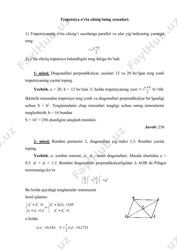ishgan nuqtalari orasidagi masofa v ga teng. rombni yuzini toping. yechish. shartga ko‘ra be = bf = a, ef = b. demak , . proporsional kesmalar haqidagi teoremaga ko‘ra bde uchburchakdan . ekanligini topamiz. endi rombni ad tomonini topamiz. teng yonli va uchburchaklar o‘xshash, bundan ularning mos tomonlari nisbatlari teng bo‘ladi: , bu yerdan ab ni topamiz, so‘ngra esa rombni yuzi s = ab · a ekanligi kelib chiqadi. javob: � embed msphotoed.3 ��� � embed msphotoed.3 ��� � embed msphotoed.3 ��� � embed msphotoed.3 ��� _1288295635.unknown _1288295869.unknown _1288296293.unknown _1288637107.unknown _1288637133.unknown _1288637151.unknown _1288637121.unknown _1288296836.unknown _1288296857.unknown _1288297008.unknown _1288296462.unknown _1288295981.unknown _1288296070.unknown _1288295924.unknown _1288295806.unknown _1288295817.unknown _1288295656.unknown _1233206835.unknown _1288295478.unknown _1288295569.unknown _1288295605.unknown _1288295507.unknown _1288295348.unknown _1288295396.unknown _1234498826.unknown _1288295264.unknown _1234498815.unknown _1088583862.unknown _1129741496.unknown _1129741605.unknown _1098012381.bin _1098012915.bin _1129741450.unknown _1098012769.bin _1098012311.bin _1088232887.unknown _1088233193.unknown _1088233247.unknown _1088233033.unknown _1088231084.unknown