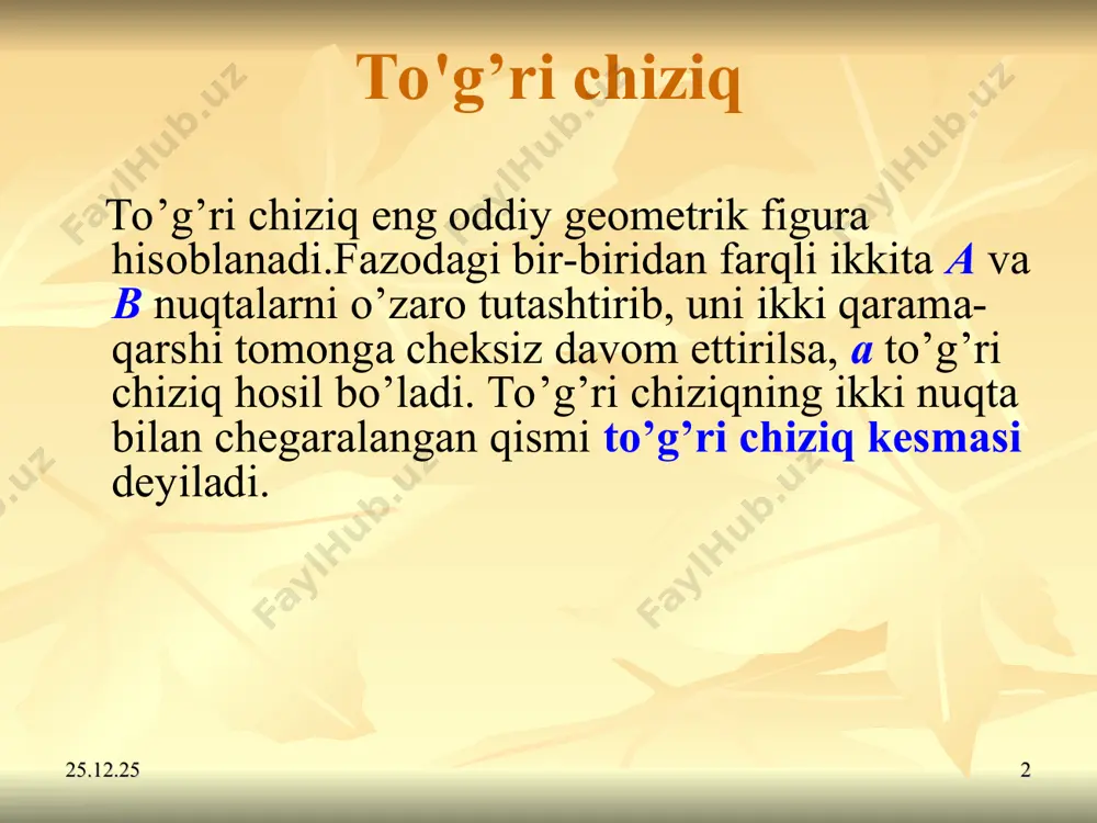 va p"||oz , a'"в '"=|aв| , α = p^h va β = p^v. * * gorizontal proyeksiyalovchi to’g’ri chiziq. h tekislikka perependikulyar to’g’ri chiziq gorizontal proyeksiyalovchi to’g’ri chiziq deb ataladi va h tekislikka nuqta bo’lib proyeksiyalanadi. * * frontal proyeksiyalovchi to’g’ri chiziq. v tekislikka perependikulyar to’g’ri chiziq frontal proyeksiyalovchi to’g’ri chiziq deb ataladi va v tekisligiga nuqta bo’lib proyeksiyalanadi. * * profil proyeksiyalovchi to’g’ri chiziq w tekisligiga perpendikulyar to’g’ri chiziq profil proyeksiyalovchi to’g’ri chiziq deyiladi va w tekisligiga nuqta bo’lib proyeksiyalanadi. * * proyeksiyalar tekisliklari va koordinata o’qlariga tegishli to’g’ri chiziqlar. * * to’g’ri chiziqning izlari ta’rif. to’g’ri chiziqning proyeksiyalar tekisliklari bilan kesishish nuqtalari to’g’ri chiziqning izlari deyiladi. * * to’g’ri chiziq kesmasining haqiqiy uzunligini va proyeksiyalar tekisliklari bilan hosil qilgan burchaklarini aniqlash.
