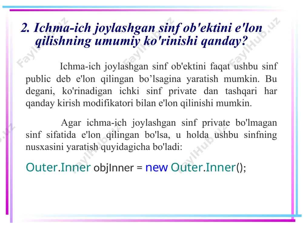 ga boshqa sinflarning metodlaridan murojaat qilishni yashiradi. shuningdek, ichma-ich joylashgan protected (himoyalangan) sinfni ham yashiradi. 17 5. statik bo'lmagan sinfda ichma-ich joylashgan statik sinfni e'lon qilish va undan foydalanish. misol statik bo'lmagan sinfda static kalit so'zi orqali statik sinf e'lon qilish mumkin. bu shuni anglatadiki, berilgan sinfning statik sinfi unikal umumiy resursdir. statik sinf elementlariga to'g'ridan-to'g'ri statik sinf nomi bilan murojaat qilinadi, undan oldin tashqi sinf(lar) nom(lar)i nuqta bilan ajratilgan holda keltiriladi. misol. ichma-ich joylashgan static inner sinfini o’z ichiga olgan outer sinfi e’lon qilinadi. inner sinfida ichki statik public-o’zgaruvchi e’lon qilinadi. 18 5. statik bo'lmagan sinfda ichma-ich joylashgan statik sinfni e'lon qilish va undan foydalanish. misol // statik bo’lmagan outer sinfi public class outer { // outer sinfining ichki o’zgaruvchilari public int d; static public int sd; // ichma-ich joylashgan statik inner sinfi public static class inner { // statik sinfda faqat statik o'zgaruvchilar e'lon qilinishi mumkin public static …
