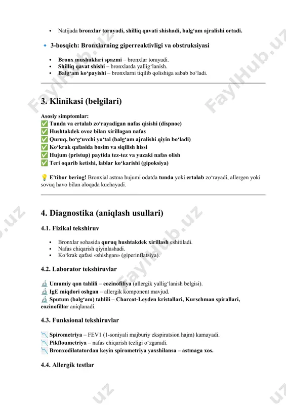 da bosim va siqilish hissi ✅ hujum (pristup) paytida tez-tez va yuzaki nafas olish ✅ teri oqarib ketishi, lablar ko‘karishi (gipoksiya) 💡 e'tibor bering! bronxial astma hujumi odatda tunda yoki ertalab zo‘rayadi, allergen yoki sovuq havo bilan aloqada kuchayadi. 4. diagnostika (aniqlash usullari) 4.1. fizikal tekshiruv · bronxlar sohasida quruq hushtakdek xirillash eshitiladi. · nafas chiqarish qiyinlashadi. · ko‘krak qafasi «shishgan» (giperinflatsiya). 4.2. laborator tekshiruvlar 🔬 umumiy qon tahlili – eozinofiliya (allergik yallig‘lanish belgisi). 🔬 ige miqdori oshgan – allergik komponent mavjud. 🔬 sputum (balg‘am) tahlili – charcot-leyden kristallari, kurschman spirallari, eozinofillar aniqlanadi. 4.3. funksional tekshiruvlar 📉 spirometriya – fev1 (1-soniyali majburiy ekspiratsion hajm) kamayadi. 📉 pikfloumetriya – nafas chiqarish tezligi o‘zgaradi. 📉 bronxodilatatordan keyin spirometriya yaxshilansa – astmaga xos. 4.4. allergik testlar ✅ teri sinovlari – allergenlarga sezuvchanlik aniqlanadi. ✅ spetsifik ige testi – qaysi allergenga nisbatan immunitet reaktsiyasi borligi tekshiriladi. 5. qiyosiy tashhisi bronxial astmani quyidagi kasalliklardan ajratish …