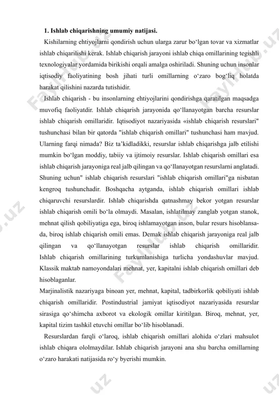 , mehnat jamoasi, kollektiv mehnati natijasida tovar va xizmatlar yaratadi. korxona va xo‘jaliklar ishlab chiqarish sektorlarini, sektorlar esa milliy iqtisodiyotni mamlakat miqyosida ishlab chiqarishni tashkil etadi. milliy ishlab chiqarish strukturasini quyidagicha tasvirlash mumkin: industrial sektor (sanoat, qurilish va kommunikatsiya, transport va aloqa); agrar sektor (qishloq xo‘jaligi, o‘rmon ho‘jaligi); xizmat ko‘rsatish sektori (aholiga, korxonalar, muassasalarga xizmat ko‘rsatuvchi sohalar). ushbu sektorlar birinchidan, bir birlari bilan bog‘liq, ikkinchidan esa, ishlab chiqarishda turlicha rol o‘ynaydi. iqtisodiyot rivojlangan sari birinchi va uchinchi sektorlar ahamiyati oshib boradi. mahsulot sotilgandan so‘ng tovarga aylanadi. mahsulot pirovard natijada ishlatilishiga ko‘ra iste’mol buyumlarini ishlab chiqarish (iste’mol buyumlari, maishiy texnika, turli ijtimoiy ne’matlar) va moddiy resurslarni ishlab chiqarishga (mehnat qurollari, xomashyo va h.k.) bo‘linadi. ushbu moddiy resurslardan foydalanish ishlab chiqarish jarayonining uzluksizligini ta’minlaydi yaratilgan milliy mahsulot ishlab chiqarishning natijasi hisoblanadi. ishlab chiqarishning pirovard natijasi bo‘lib ishlab chiqarish sohasidagi o‘z harakatini tugatgan, jamiyat a’zolarining ehtiyojlarini qondirishga tayyor mahsulot hisoblanadi, ya’ni bu mikroiqtisodiy …