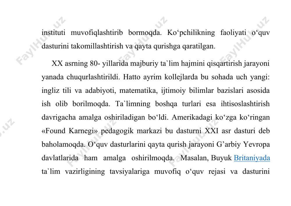 rdan boshlab estetik tarbiyaga, san’atga alohida e’tibor beriladi. amerika oliy o’quv yurtlariga kirish uchun belgilangan sinov (test)lar ikki xil bo’ladi: sat (sxolastik aptityud test); akt (amerikan kollej test) sinovlari. sat sinovlari murakkabroq bo’ladi. mashhur universitetlarga kirish uchun sat sinovlarini topshirish shart bo’ladi. bulardan tashqari murakkablashtirilgan sinov ham bor. bu sinovni oliy maktablarga kirayotgan barcha talabalar ham topshirishlari shart emas. mabodo biror talaba shu murakkablashtirilgan sinovlarni topshirib universitetga kirsa, u talabaga maxsus stipendiya beriladi. amerikaning eng katta boyligi — bu aql. aql bu mamlakatda qadrlanadi, aqlli talabalar alohida taqdirlanadi. aqlli, a’lochi talabalar o’quv yurtlarining faxri sanalgani sababli ham, ularga turli yo’llar bilan yordam berish, stipendiyalar tayinlash orqali ularni o’quv yurtlarida saqlashga harakat qiladilar. o’zi tanlagan sohada yutuqlarga erishayotgan talabalar ro’yxati har yili alohida kitobda nashr etilib turiladi. bundan maqsad mazkur soha bilan qiziquvchi kompaniyalarning e’tiborini bo’lajak olimlarga qaratishdir. yaponiyada ta’lim tizimi majburiy ta’lim. ta’limning pog’onasi 6 yoshdan 15 yoshgacha bo’lgan bolalarni …