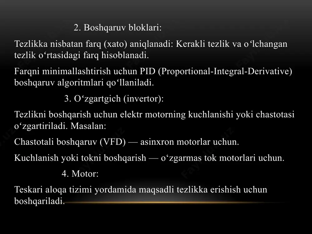 lashga yordam beradi va uning zarar ko‘rishini oldini oladi. 5. yuqori tezlikda ishlash: teskari aloqa tizimi motorni yuqori tezliklarda ham barqaror ishlashini ta’minlaydi, bu esa zamonaviy sanoat ilovalarida yuqori aniqlik va kuch talab qiladigan tizimlarda foydalidir. 6. keng qo‘llanish: o‘zgaruvchan tok motorlarida tezlikni teskari aloqa bilan boshqarish turli sanoat tarmoqlarida, masalan, avtomatlashtirish, fan va texnika, ventilyatsiya tizimlari va boshqa sohalarda keng qo‘llaniladi. 7. kelajakdagi rivojlanish: tezlik bo‘yicha teskari aloqa tizimlari va motorlarni boshqarish texnologiyalari kelajakda yanada rivojlanib, samaradorlikni yanada oshirishga xizmat qiladi. elektron tizimlar va zamonaviy sensorlar yordamida yanada aniqroq boshqarish mumkin bo‘ladi. 4. foydalanilgan adabiyotlar 1. qobilov, s. s. (2015). elektromexanika va elektr mashinalari. tashkent: "fan". 2. azimov, a. b. (2012). elektr mashinalari va transformatorlar. tashkent: "niso". 3. shavkatov, a. k. (2009). elektromexanika va avtomatik boshqaruv tizimlari. tashkent: "o‘qituvchi". 4. mavlonov, u. a. (2016). elektr energiyasini transformatsiya qilish va boshqarish. tashkent: "fan va texnologiya". 5. tursunov, sh. t. (2010). …