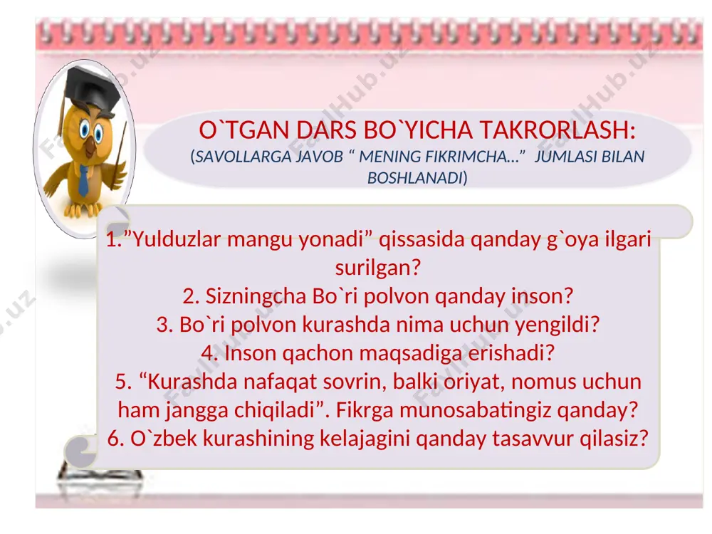 ‘chiring. 1. ana huv-v adirning nariyog‘ida ko‘kabuloq qishlog‘i bor. 2. ha, og‘zing qulog‘ingda, haqqingni oldingmi? 3. u og‘zidagi oshini oldirib o‘tiradigan anoyilar nusxasidan emas. 4. maktabimiz o‘quvchilari hasharda binoyiday ish- lashdi. 5. salima kinoteatr chiptaxonasidan chipta olish uchun pulini uzatib: «beshinchidan ikkita», – dedi. 6. hammasi ham mayli-ya, bolam, burnog‘i yil- gi ish sira-sira esidan chiqmadi. 7. «ketaaaa qool», – deb solijon bolaga ishora qildi. 8. misol uchun, naziraxon sayyohlarga qishlog‘imiz tarixini gapirsa, ular o‘zbekistonda shunday joy bor ekan, deb ko‘rgani kelishadi, – dedi mahallamiz oqsoqoli. 9. «iye, iye, ana xolos, kap-katta bola-ya» – qo‘liga ko‘tarib ovuta boshladi. 2-topshiriq. berilgan gaplarni ona tilingizga tarjima qiling. 1. intizomsiz kishi hech qayerda muvaffaqiyatga erisha olmaydi. 2. har yerda va har qachon ilm kerak. 3. aqldan ortiq boylik yo‘q. 4. odamning yuzi oftobdan issiq. 5. o‘zing o‘tirgan shoxga bolta urma. 6. dunyoda shunday aziz bir inson borki, biz undan hamisha qarzdormiz. uyga vazifa. …