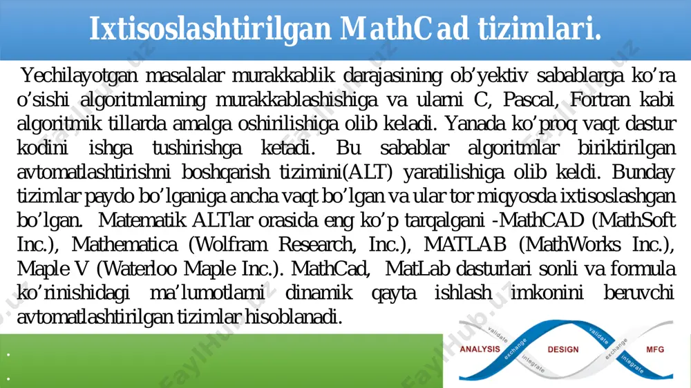 график қуриш . . слайд номер 1 reja: ixtisoslashtirilgan mathcad tizimlari. ixtisoslashtirilgan mathcad tizimlari. mathcad тизими mathcad 2000 ва mathcad 15 версиялари mathcad имкониятлари mathcad имкониятлари mathcad слайд номер 10 mathcad 2000 дастурининг ташкил этувчилари mathcad 2000 дастурининг ташкил этувчилари математик панел воситалари математик панел воситалари математик панел воситалари математик панел воситалари математик панел воситалари математик панел воситалари математик панел воситалари математик панел воситалари математик панел воситалари оддий математик ифодаларни ҳисоблаш оддий математик ифодаларни ҳисоблаш оддий математик ифодаларни ҳисоблаш сонларни форматлаш икки ўлчамли график қуриш икки ўлчамли график қуриш уч ўлчамли график қуриш уч ўлчамли график қуриш уч ўлчамли график қуриш слайд номер 31