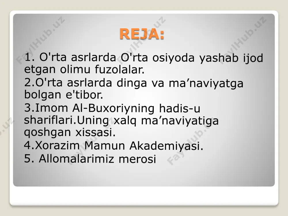 lik “tojmahal” ni bunyod etdi 28/03/2020 allomalarimiz merosi bemisl ilmiy – ijodiy kashfiyotlari bugun ham jahon ahlini hayratga solayotganini ta’kidlash lozim har qaysi millatning o‘ziga xos ma’naviyatini shakllantirish va yuksaltirishda, hech shubhasiz, oilaning o‘rni va ta’siri beqiyosdir hammamizga ayon bo‘lishi tabiiyki, oila sog‘lom ekan – jamiyat mustahkam, jamiyat mustahkam ekan – mamlakat barqarordir ma’naviyatni shakllantirishga bevosita ta’sir qiladigan yana bir muhim hayotiy omil – bu ta’lim – tarbiya tizimi bilan chambarchas bog‘liqdir ta’limni tarbiyadan, tarbiyani esa ta’limdan ajratib bo‘lmaydi – bu sharqona qarash, sharkona hayot falsafasi mahmudxo‘ja behbudiy, munavvar qori, abdulla avloniy, ishoqxon ibrat, abdurauf fitrat, abdulla qodiriy, abdulhamid cho‘lpon, usmon nosir kabi yuzlab ma’rifatparvar, fidoyi insonlarning o‘z shaxsiy manfaati, huzur-halovatidan kechib, el-ulus manfaati, yurtimizni taraqqiy toptirish maqsadida amalga oshirgan ezgu ishlari avlodlar xotirasidan aslo o‘chmaydi ana shunday ulug‘ ajdodlarimizning ilmiy- ijodiy merosi va ibratli faoliyati keyinchalik diyorimizda qori niyoziy va toshmuhammad sarimsoqov, habib abdullaev va sa’di sirojiddinov, obid sodiqov …