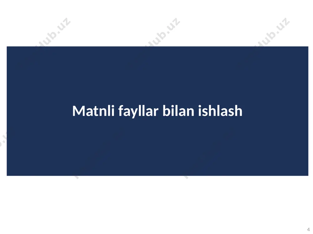 ines () va fayl obyekti funksiyalaridan foydalangan holda faylni satr bo‘yicha o‘qiymiz . 13 faylni o'qish информатика. программирование на python тема: python. основы. строки https://pythonru.com/osnovy/chtenie-iz-fajla-postrochno-v-python 13 faylni o'qish rejimida oching. bu fayl deskriptorini qaytaradi. cheksiz while tsiklini yarating . readline () yordamida fayl satrini o'qiymiz . agar chiziq bo'sh bo'lmasa, uni chop eting va keyingisiga o'ting. buni if konstruktsiyasi yordamida tekshirishingiz mumkin emas . aks holda, faylda boshqa qatorlar yo'q va biz tsiklni break bilan to'xtatamiz . biz sikldan chiqqach, faylning barcha satrlarini birin-ketin takroriy hisoblaymiz. shundan so'ng biz faylni yopish funktsiyasidan foydalanib yopamiz . 14 readline () yordamida faylni satr bo'yicha o'qish информатика. программирование на python тема: python. основы. строки https://pythonru.com/osnovy/chtenie-iz-fajla-postrochno-v-python 14 # fayl obyektini oling fayl1 = open ( "sample.txt" , "r" ) esa to'g'ri : # qatorni o'qing line = file1.readline() # agar chiziq bo'sh bo'lsa, tsiklni buzing agar qator emas : tanaffus # qatorni chop eting …