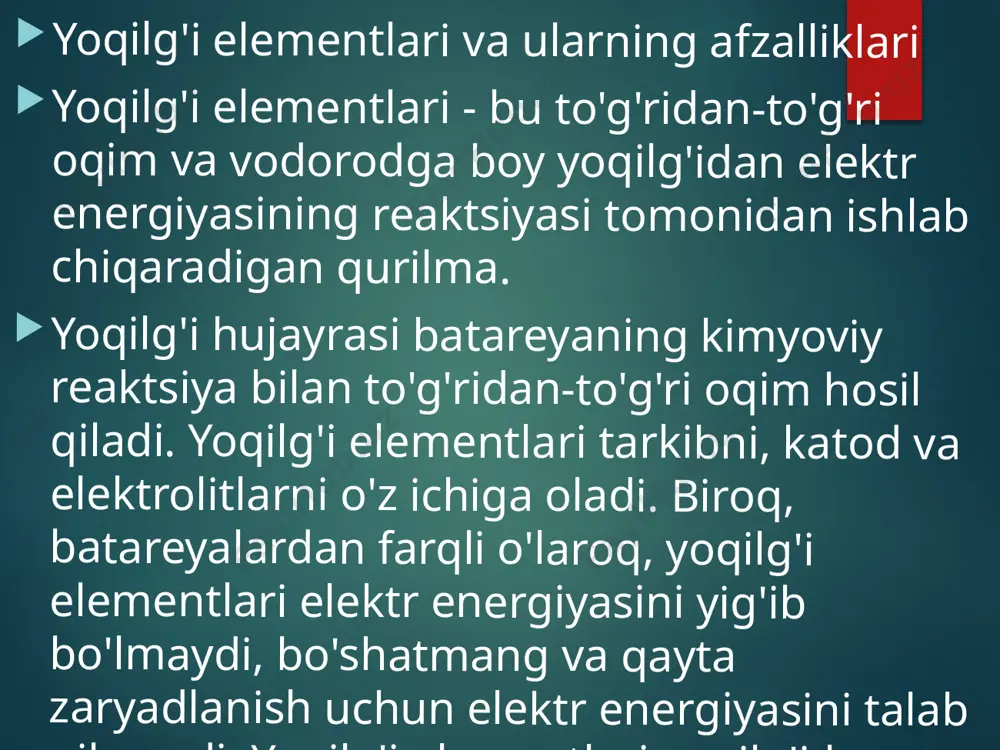 iga bog'liq. yoqilg'i hujayralari yuqori haroratli va past haroratga bo'linadi. kam haroratli yoqilg'i hujayralari nisbatan toza vodorodni yoqilg'i sifatida talab qiladi. bu ko'pincha yoqilg'ini qayta ishlash birlamchi yoqilg'ini (masalan, tabiiy gaz) toza vodorodga aylantirish talab qilinadi. ushbu jarayon qo'shimcha energiya sarflaydi va maxsus uskunalar talab qiladi. yuqori haroratli yoqilg'i hujayralari ushbu qo'shimcha protseduralarga muhtoj emas, chunki ular yuqori haroratda yoqilg'ining "ichki transformatsiyasi" ni amalga oshirishi mumkin, bu vodorod infratuzilmasida sarmoya kiritish zarurligini anglatadi. karbonat eritmasi (rte) yoqilg'i elementlari. eritilgan karbonat elektrolitlari bilan yoqilg'i elementlari yuqori haroratli yoqilg'i hujayralaridir. yuqori ish harorati to'g'ridan-to'g'ri tabiiy gazdan yonilg'i protsessor va yoqilg'i gazidan foydalanmasdan, ishlab chiqarish jarayonlari va boshqa manbalardan yoqilg'i bilan to'g'ridan-to'g'ri foydalanishga imkon beradi. rte operatsiyasi boshqa yoqilg'i hujayralaridan farq qiladi. ushbu elementlar elektrolitdan eritilgan karbonat tuzlari aralashmasidan foydalanadilar. hozirgi vaqtda aralashmalarning ikki turi ishlatiladi: lityum karbonat va kaliy karbonat yoki litiyali karbonat va natriy karbonat. elektrolytda yuqori darajadagi ion harakatlanishiga erishish …