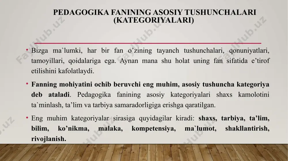 oshlang`ich sinflar o’quvchilarini tarbiyalash, ularga ta’lim berish, ularning o’ziga xos psixologik hamda fiziologik xususiyatlarini tadqiq etish, shuningdek, ularni intellektual, ma`naviy-axloqiy va jismoniy jihatdan kamolotga yetkazish masalalarini o’rganadi. 4. korreksion (maxsus) pedagogika— rivojlanishida psixologik va fiziologik nuqsonlari bo’lgan bolalarni tarbiyalash va o’qitish bilan bog`liq muammolarni o’rganadi. surdopрedagogika, oligofrenopedagogika, tiflopedagogika, logopediya 5. metodika— xususiy fanlarni o’qitish xususiyatlarini o’rganadi. 6. pedagogika tarixi— ta’lim va tarbiyaning yuzaga kelishi, taraqqiy etishi, muayyan tarixiy davrlarda yetakchi o’rin egallagan pedagogik fikrlar taraqqiyoti masalalarini o’rganadi. 7. pedagogik texnologiya— ta’lim va tarbiya jarayonida zamonaviy pedagogik texnologiyalarni qo’llash, texnologik yondashuv asosida ta’lim va tarbiya jarayonining samaradorligini oshirish muammolarini o’rganadi. 8. pedagogik mahorat— bo’lajak o’qituvchilarning kasbiy mahoratlarini oshirish, takomillashtirish muammolarini o’rganadi. 9. ta’lim menejmenti— ta’lim muassasalarining faoliyatini yo’lga qo’yish, boshqarish, nazorat qilish hamda istiqbollarini belgilash masalalarini o’rganadi. 10. ijtimoiy pedagogika— ijtimoiy munosabatlar jarayonida pedagogik g`oyalarning tutgan o’rni va roli, shaxsni kasbiy va ijtimoiy faoliyatga yo’naltirish muammolarini o’rganadi. 11. oila pedagogikasi- oilada …
