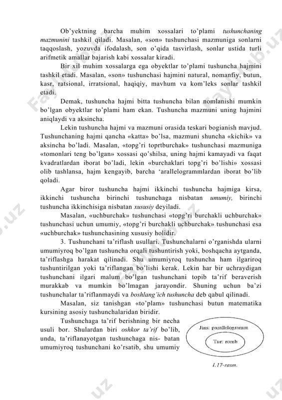 rakt, ideal ob’yekt ega bo’lgan xossalar real obyektga tegishli bo’la olmaydi. masalan, geometriyada kesmani cheksiz bo’lish mumkin deb hisoblanadi, real hayotda biror jismni cheksiz ko’p bo’lakka bo’lish mumkin emas, chunki u chekli sondagi atomlardan iborat bo’ladi. 2. tushunchaning hajmi va mazmuni. har qanday tushuncha nom, mazmun va hajmga ega bo’ladi. ob’yektning barcha muhim xossalari to’plami tushunchaning mazmunini tashkil qiladi. masalan, «son» tushunchasi mazmuniga sonlarni taqqoslash, yozuvda ifodalash, son o’qida tasvirlash, sonlar ustida turli arifmetik amallar bajarish kabi xossalar kiradi. bir xil muhim xossalarga ega obyektlar to’plami tushuncha hajmini tashkil etadi. masalan, «son» tushunchasi hajmini natural, nomanfiy, butun, kasr, ratsional, irratsional, haqiqiy, mavhum va kom’leks sonlar tashkil etadi. demak, tushuncha hajmi bitta tushuncha bilan nomlanishi mumkin bo’lgan obyektlar to’plami ham ekan. tushuncha mazmuni uning hajmini aniqlaydi va aksincha. lekin tushuncha hajmi va mazmuni orasida teskari bogianish mavjud. tushunchaning hajmi qancha «katta» bo’lsa, mazmuni shuncha «kichik» va aksincha bo’ladi. masalan, «topg’ri toprtburchak» …