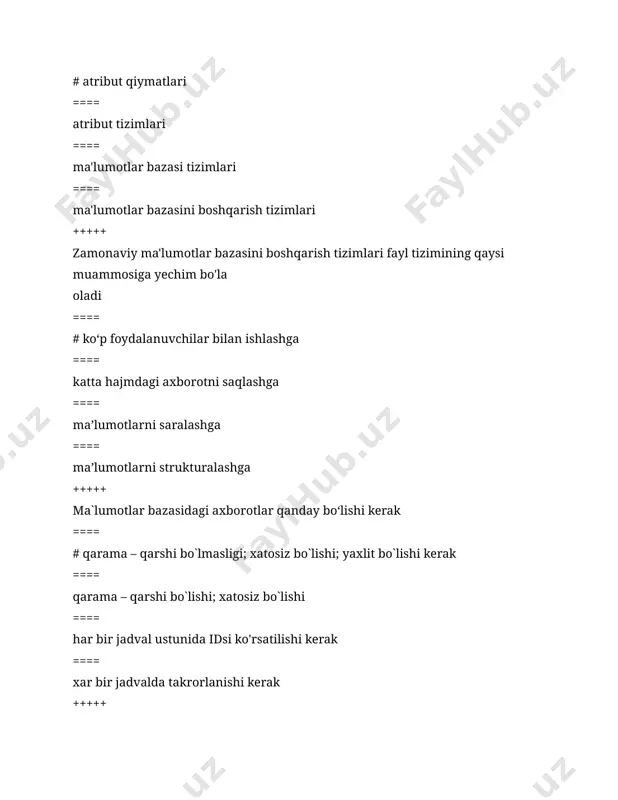 turlicha +++++ mbbt arxitekturasining bosqichi hisoblanmaydigan javob variantini ko‘rsating ==== # datalogik ==== logik ==== konseptual ==== fizik +++++ mbbt arxitekturasining nechta bosqichi mavjud ==== # 3 ta (tashqi, konseptual va fizik) ==== 4 ta (logik, colloborate, fixed, dinamik) ==== 5 ta (fizik, tranzaktion, concat, insert, set) ==== 2 ta (fixed, dinamik) +++++ ob’еkt atributi deganda nima tushuniladi? ==== # jadval ustuni ==== jadval qatori ==== jadval katakchalari ==== jadval +++++ mohiyat aloqa diagrammasida uchraydigan shaklni toping ==== # ellips ==== parallelogram ==== aylana ==== trapetsiya +++++ mohiyat aloqa diagrammasida qanday shakl qo`llanilmaydi ==== # parallelogram ==== romb ==== to`rtburchak ==== to`g`ri chiziq +++++ relyatsion algebra amallarini ko`rsating ==== # kesishuv, birlashtirish, ayirish, dekard ko`paytma ==== kesishuv, qo`shish, seleksiya, dekard ko`paytma ==== kesishuv, seleksiya, ayirish, dekard ko`paytma ==== kesishuv, qo`shish, ayirish, seleksiya, dekard ko`paytma +++++ relyatsion ma’lumotlar bazasidagi asosiy tushunchalarni aniqlang? ==== # jadval, maydon, yozuv ==== jadval, ustun, qator …