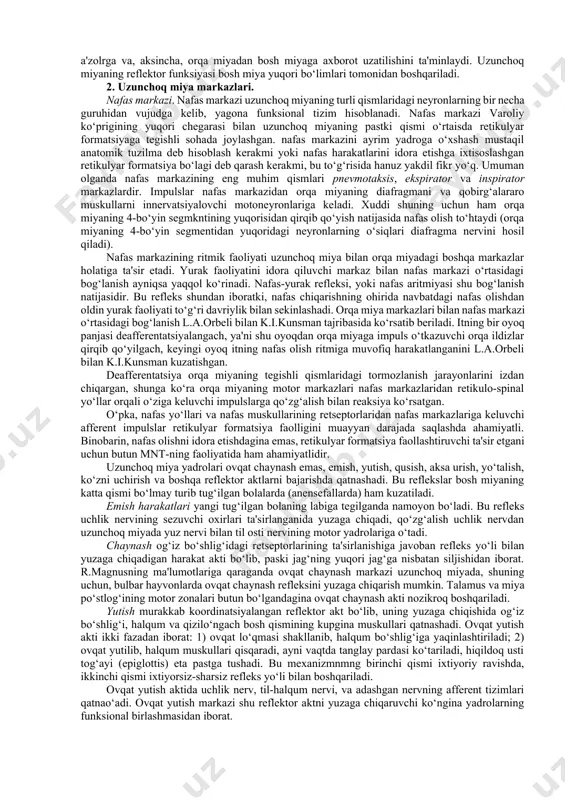 til-halqum, eshituv, vestibulyar, uzoqlashtiruvchi va yuz nervlari yadrolari; birinchi to‘rtasi uzunchoq miyada) juda muhim ahamiyatga ega yadrolar joylashgan. keyingi miyaning oq moddasini asosan orqa miyadan bosh miyaga ko‘tariluvchi va bosh miyadan orqa miyaga tushuvchi yo‘llar tashkil qiladi. keyingi miya ham orqa miya singari ikki xil, ya'ni reflektor markaz va o‘tkazuvchi yo‘l funksiyalarini bajaradi. uning reflektor markaz sifatida amalga oshiradigan reflekslari orqa miyanikidan ancha murakkabroq. uzunchoq miyaning reflektor funksiyasida bosh miyaning v-xii juft nerv yadrolari ishtirok etadi. uzunchoq miya yuz terisi, ko‘z, burun, til nerv tolalari bilan ta'minlaydi. undan tashqari, nafas olish, qon tomirlar harakati, qayt qilish, ter ajratish, yutish, aksa urish, yo‘talishlarning nerv markazlari ham uzunchoq miyada joylashgan. uzunchoq miyaning o‘tkazish funksiyasi uning tarkibidagi nervlarga bog‘liq. bosh miyaning mavjud 12 juft nerv tolalaridan 8 jufti (v-xii) uzunchoq miyadan chiqib, bosh miyadan turli a'zolrga va, aksincha, orqa miyadan bosh miyaga axborot uzatilishini ta'minlaydi. uzunchoq miyaning reflektor funksiyasi bosh miya yuqori bo‘limlari …