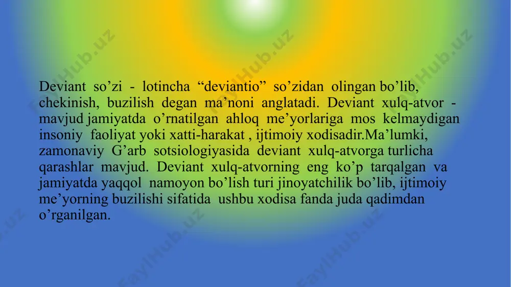 atosini, aybini ko’rmaydi. so’rovlar natijasiga ko’ra, o’smirlarni ko’pchiligi o’z jinoiy ishlarini sababini tashqi shart-sharoitlardan qidiradilar, tashqi dunyoni ayblaydilar, so’ralganlarni to’rtdan bir qismi o’xshash vaziyatda har biri shuday hatti-harakat qilishini aytib o’tganlar o’smirlarni hatti-harakatida chetga og’ish hollarini asosida sotsial-madaniy ehtiyojlarni rivojlanmaganligi, ma’naviy dunyoni etishmovchiligi yotadi. shuni ham ta’kidlab o’tish lozimki, yoshlar deviatsiyasijamiyatdagi sotsial munosabatlarni aks ettishidir. chetga og’uvchi fe’l-atvor sabablarini topish, sotsial yordam tizimini tashkil qilish, tushuntirish tarbiya ishlarini olib borish bo’yicha yaxshi o’ylangan, maqsadli yo’naltirilgan ishlar qilish kerak. inson tarbiyasida eng birinchi va eng muhim ijtimoiy nazorat instituti bu - oiladir. farzand tarbiyasida va barkamol avlodni shakllantirishdan sog’lom oila muhitini o’rni kattadir. qolaversa, inson hatti-harakati va xulq-atvori, faoliyatini ta’lim muassasalari, mahalla, mehnat jamoasi, umumdavlat miqyosida esa qonunni himoya qilish organlari (sud, prokuratura, militsiya) ham nazorat qilib boradi va ushbu shaxsga nisbatan ijtimoiy nazorat institutlari vazifasini bajarishadi. image1.jpeg image2.jpeg