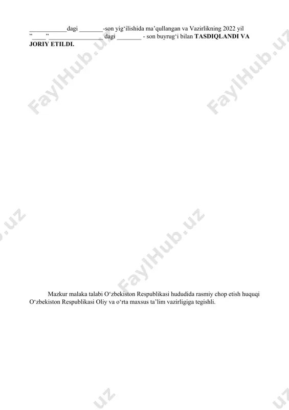 ssasalarini attestatsiyadan o‘tkazishda asosiy mezon hisoblanadi. mazkur talablarning bajarilishi professional ta’lim muassasalarining bitiruvchilariga professional ta’limning tegishli darajasini olganligi to‘g‘risida davlat namunasidagi hujjat berilishi uchun asos hisoblanadi. malaka talabi ta’limni boshqarish davlat organlari va ta’lim faoliyati sub’ektlari tomonidan, idoraviy bo‘ysunuvi va mulkchilik shakllaridan qat’iy nazar, tadbiq etilishi majburiydir. ushbu malaka talabi meteorologiya: texnik-meteorolog kasbining tarmoq ta’rif malaka ma’lumotnomalarini funksional tahlil qilish asosida ishlab chiqildi. 2. kasbiy ta’lim xususiyati 2.1. 50520201 - meteorologiya kasbi doirasida beriladigan kvalifikatsiyalar: 2. texnik-meteorolog 2.2. kamida umumiy o‘rta ma’lumotga ega bo‘lgan shaxslar hisobidan shakllantirilgan guruhlarda tanlangan kvalifikatsiyalar sonidan kelib chiqib o‘qish muddati belgilanadi. bu guruhlarda kasb doirasida beriladigan kvalifikatsiyalardan birortasini muvaffaqqiyatli o‘zlashtirgan shaxslarga belgilangan namunadagi diplom beriladi va mehnat bozorida ishlash huquqi beriladi. egallanmagan kvalifikatsiyalarni qayta o‘zlashtirishga ruxsat beriladi va mazkur kvalifikatsiyani muvaffaqiyatli o‘zlashtirganlarga belgilangan tartibda sertifikat beriladi. 2.3. 2.2. ruhiy-fiziologik fazilatlar minimumi: kuzatuvchanlik, diqqatni bir joy qaratish, fikrni jamlash, qo‘l-oyoq harakatini jarayonga moslashtirish, har tomonlama tez …