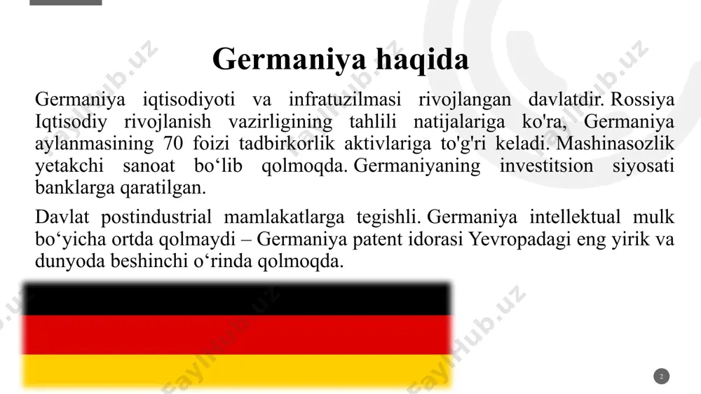 belgilangan to'lovga tortiladi. bunga spekulyatsiya ham kiradi. 7 qo'shimcha soliq yuki ham mavjud. birdamlik . asosiy soliqqa nisbatan 5,5% yig'im. cherkov to'lovlari . diniy muassasalar komissiyasi 1-2% miqdorida. natijada, umumiy daraja 30% dan oshmaydi. bundan tashqari, foyda bor: 801 evrodan past foyda soliqqa tortilmaydi. nikohda chegara ikki barobar ortadi. men sizga bir misol keltiraman. 1% lik 30 ming evro sarmoya bilan siz 900 evro foyda olasiz. 801 evro soliqdan ozod qilinadi. imtiyoz chegarasidan oshib ketgan summadan deyarli 30 evro to'laysiz. germaniya investitsiya siyosati: qonunchilik shuni ta'kidlash kerakki, germaniyada bank sektori qonunlari investitsiya siyosatiga ta'sir qiladi. shuning uchun kompaniyalarning biznes jarayonlarini tahlil qilishda iqtisodiy sohaning qonunchilik sohasini hisobga oling. 8 men germaniyadagi investitsiyalarni tartibga soluvchi asosiy qonunlarni sanab o'taman. "birjalar to'g'risida"gi qonun . boshqaruv organlari taqdim etiladi. birja bank yoki sug'urta kompaniyasi oldida uchinchi shaxsga ega bo'lishi kerak. 9 investitsiya kompaniyalari to'g'risida "investitsiya kompaniyalari to'g'risida"gi qonun . nizom kuzatuv kengashining mavjudligini …