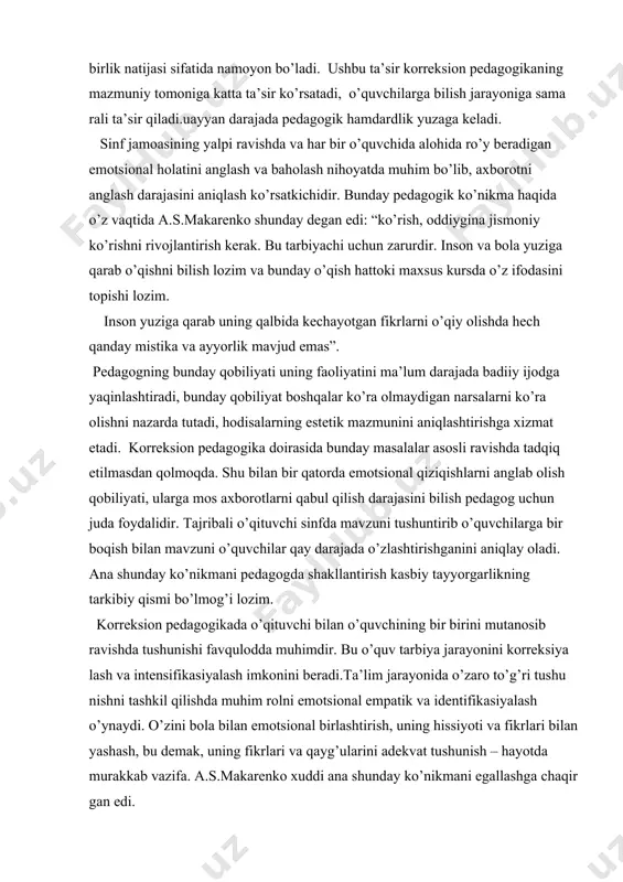 oradi. bunga sabab nima? emosional madaniyatning past darajada ekanligi, emotsional qayg’urishlar shakli hamda begonalar xissiy holatini o’qiy olish ko’nikmasiga ega emaslik buning asosiy sababidir. pedagog uchun bu halokatdir”. shunday qilib, emotsional birlikka erishuv korreksion pedagogika jarayonining muhim tarkibiy qismi hisoblanib, ta’sir etishni tashkil etish oldidan va undan so’nggi muhim elementdir. uning quyidagi tuzilishi qayd etiladi: emotsional (pedagogik), emotsional- pedagogik birlik-ta’sir etish-birlik ta’sir etish. bu o’rinda emotsional birlik oldin sodir bo’luvchi element sifatida keladi (prognostik) va yakunlovchi (baholovchi-aniqlashtiruvchi) bo’lib kasbiy-pedagogik funksiyasi ana shulardan iboratdir. maktabgacha tarbiya yoshidagi bolaning nerv tizimi va butun organizmi nixoyatda plastik va tashqi ta’sirga beriluvchan bo’ladi. shuning uchun maktabgacha tarbiya yoshidagi bolalar bilan mashg’ulot olib borganda psixik va jismoniy kuch sarflana digan to’g’ri vaqt nisbati va undan so’nggi dam olishni belgilash tarbiyachining muxim vazifalaridan biri bo’lishi lozim. kichik maktab yoshidagi bolalarga ta’lim berish va ular faoliyatini korreksiya lashda ularning yosh xususiyatlari va imkoniyatlarini hisobga olgan holda, quyi …