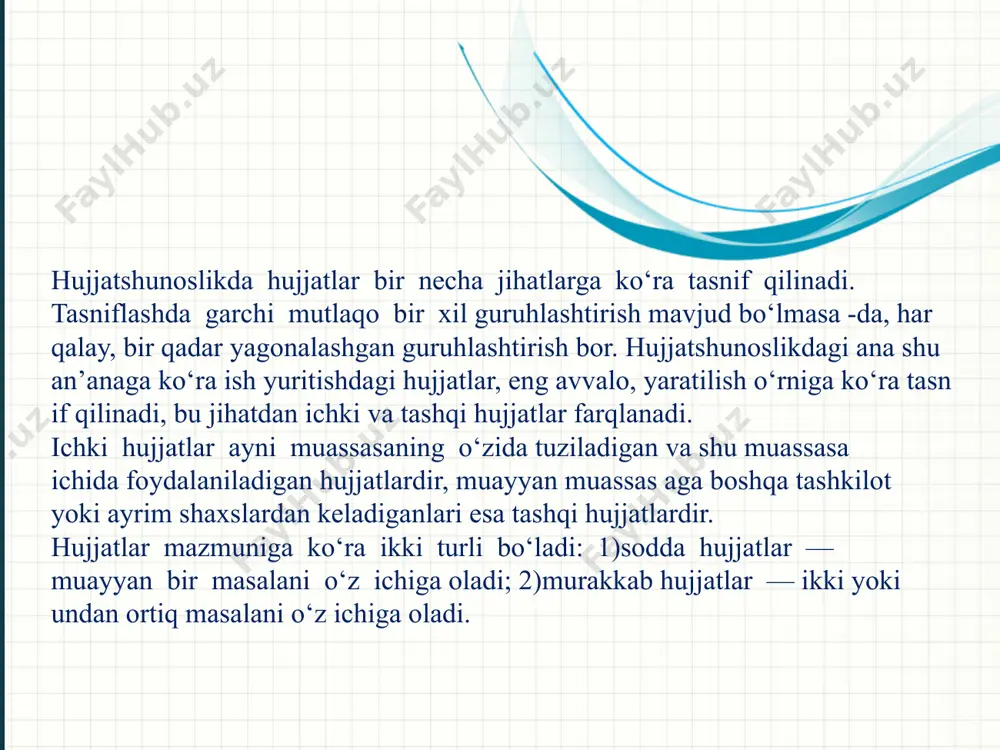 bu nusxa tashqi xususiyatlar jihatidan bevosita muvofiq kelmaydi, ya’ni erkin nusxada asl nusxadagi muhr o‘rniga «muhr» deb, imzo o‘rniga «imzo» deb, gerb o‘rniga «gerb» deb yozib qo‘yiladi va h.k. используйте заголовки разделов для каждой из тем, чтобы переход был понятен для аудитории. 8 ma’muriy-boshqaruv faoliyatida xizmat mavqeiga ko‘ra hujjatlar hozirgi kunda, asosan, quyidagicha tasniflanadi: tashkiliy hujjatlar ; это другой параметр для обзорного слайда. 1 2 ma’lumotsimon-axborot hujjatlari; 3 xizmat yozishmalari farmoyish hujjatlari tashkiliy hujjatlar mazmunan tashkilot, muassasa va korxonalarning huquqiy maqomi, tarkibiy tarmoqlari va xodimlari, boshqaruv jatumanining borishida jamoa ishtirokining qayd qilinishi, boshqa tashkilotlar bilan aloqalarning huquqiy tomonlari kabi masalalarni aks ettiradi. nizomlar, yo‘riqnomalar, majlis bayonlari, shartnomalar ana shunday tashkiliy hujjatlar sirasiga kiradi. farmoyish hujjatlari guruhiga buyruq, ko‘rsatma, farmo yish kabilar kiradi. ma’lumotsimon axborot hujjatlari anchayin katta guruhni tashkil qiladi, bunday hujjatlarning ish yuritish jatumanidagi ishtiroki ham juda faol. bu guruh dalolatnoma, ma’lumotnoma, ariza, tushuntirish xati, hisobot, ishonchnoma, tavsifnoma kabi …