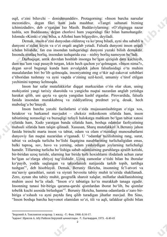 nosabatlarning asl tabiatini tushunishga harakat qilayotgan har bir odam uchun o‘z-o‘zini anglashga chorlovchi fikr bo‘lib qolmoqda. buni faqat shu bilan izohlash mumkinki, ayni holda har bir yangi avlod o‘z davri hamda tabiiy-ilmiy va falsafiy tasavvurlarning tegishli darajasi nuqtai nazaridan yechishga harakat qiladigan o‘ta murakkab, «boqiy» falsafiy masalalardan biri to‘g‘risida so‘z yuritiladi. tarixga boshqa ko‘p sonli iboralar ham ma’lum bo‘lib, ular vaqt, madaniyat va diniy e’tiqoddan qat’iy nazar, inson barcha zamonlarda butun dunyo mutafakkirlarining diqqat markazida bo‘lgani va hozir ham shunday ekanligi, tayanch nuqtasi va hatto bilish mezoni bo‘lib xizmat qilishidan dalolat beradi. xususan, qadimgi xitoy faylasufi lao szi fikriga ko‘ra, «boshqalarni biluvchi – oqil, o‘zini biluvchi – donishmanddir». protagorning: «inson barcha narsalar mezonidir», degan fikri ham juda mashhur. «tangri saltanati bizning ichimizdadir», deb o‘rgatgan iso masih. buddaviylarning: «o‘zligingga nazar tashla, sen buddasan», degan chorlovi ham yuqoridagi fikr bilan hamohangdir. islomda «kimki o‘zini bilsa, u allohni ham bilgaydir», deyiladi. demak, inson …