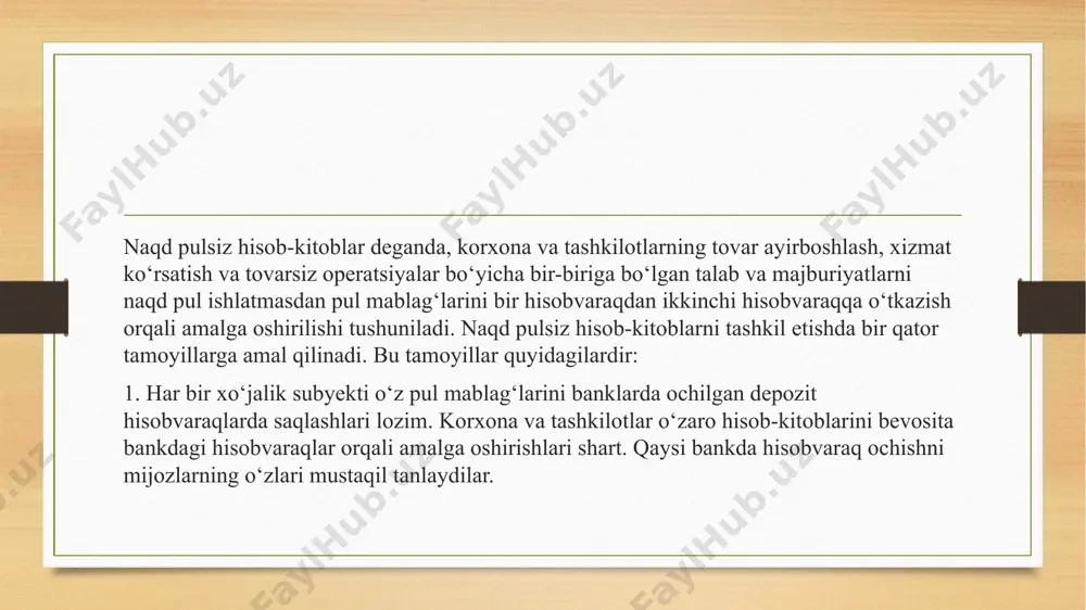 ovchi tomonlarga bitta bank bo‘limi xizmat ko‘rsatsa talabnoma 3 nusxada taqdim etiladi. bu holda to‘lov talabnomalarning har bir nusxalari quyidagicha ishlatiladi: -birinchi nusxa to‘lovlar amalga oshirilgandan keyin bank mas’ul ijrochisi tomonidan imzo, to‘lovi amalga oshirilgan sana, bankning to‘rtburchak muhr izi tushirilgan va qabul qilish sanasi ko‘rsatilgan holda kunlik hujjatlar yig‘masiga tikiladi; e’tiboringiz uchun raxmat image5.png image6.png image7.jpeg image8.jpeg image3.png image4.png /docprops/thumbnail.jpeg