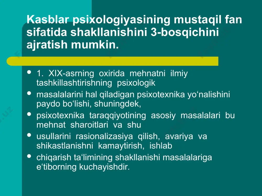 nlar. asta-sekin jamiyatda kasb tanlashga nisbatan ongli yondoshishlar kuzatila boshlandi. ya‘ni ularning barchasi kasb psixologiyasining shakllanishiga olib keladi. kasb psixologiyasining ajralib chiqishi hozirgi kunda shaxsning kasbiy mehnatga o‘rganib ketishi emas, balki alohida kasbiy bilim, ko‘nikma va malaka hamda umuman kasblar olamiga kirib borishiga asoslanadi. kasb psixologiyasi shaxsning kasbiy jihatdan shakllanishini o‘rganadi. bunda shaxs rivojlanishi kasbiy shakllanishi sifatida ko‘rib chiqiladi. kasb psixologiyasi-mehnat psixologiyasining kasblarni psixologik komponentlarini yoki muayyan kasbda ishlovchilarga nisbatan qo‘yiladigan psixologik talablarni o‘rganish hamda ilmiy tahlil hilish bilan shug‘ullanuvchi bo‘limidan iborat. olim shaxs yashovchanlik sifatlariga quyidagi ko`rsatkichlarni kiritadi: 1. shaxs xususiyatlariga munosib kasb tanlash. 2. bajarayotgan ishga qo‗yilgan talablarga yuqori darajada tayyorlik. 3. hayoti davomida talim olish va o‗rganishga tayyorlik. 4. madaniyligi, o‗zga kishilar qadr-qimmatini, farqlarini qabul qila bilish. 5. kompyuter va axborot texnologiyalaridan foydalanishni bilish. 6. bir necha sohalarda kasbiy mahoratni namoyish qila olishi. 7. yangi loyihalar taqdim qilish tashabbusiga ega bo`ish. 8. ishda hamkasblar bilan hamkorlikda ishlash …