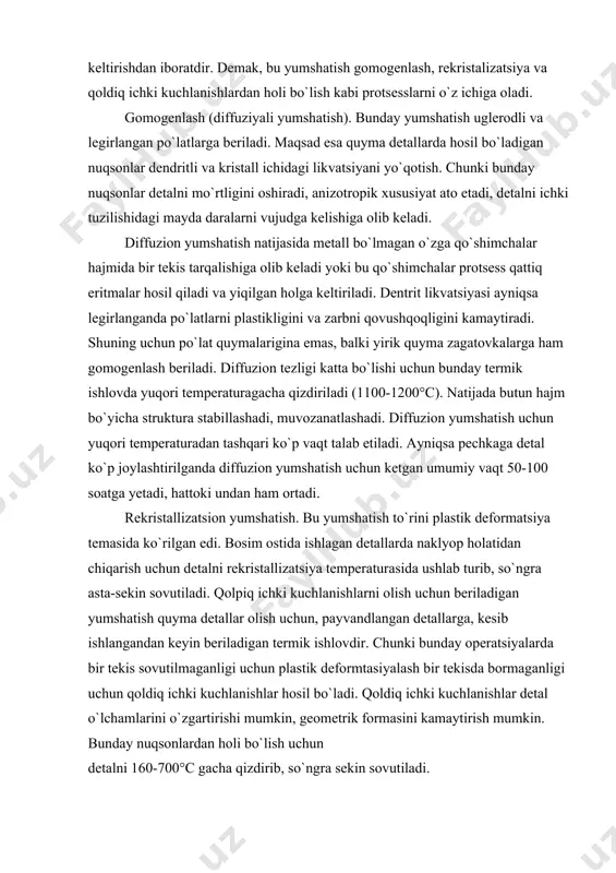 tallizatsiya temperaturasida ushlab turib, so`ngra asta-sekin sovutiladi. qolpiq ichki kuchlanishlarni olish uchun beriladigan yumshatish quyma detallar olish uchun, payvandlangan detallarga, kesib ishlangandan keyin beriladigan termik ishlovdir. chunki bunday operatsiyalarda bir tekis sovutilmaganligi uchun plastik deformtasiyalash bir tekisda bormaganligi uchun qoldiq ichki kuchlanishlar hosil bo`ladi. qoldiq ichki kuchlanishlar detal o`lchamlarini o`zgartirishi mumkin, geometrik formasini kamaytirish mumkin. bunday nuqsonlardan holi bo`lish uchun detalni 160-700°c gacha qizdirib, so`ngra sekin sovutiladi. 2-tur yumshatish (fazoviy qayta kristallanish). 2-tur yumshatish deb po`latlarni faza o`zgarish temperaturasidan yuqori temperaturaga qizdirib, o`sha temperaturada biroz ushlab turib, so`ngra sekin sovutishga aytiladi. bunda faza o`zgarish ro`y bergani uchun, po`lat strukturasi sovutilgandan keyin muvozanat holatiga yaqin holatga keladi: evtektoidgacha bo`lgan po`latlarda f+p evtektoid po`latlarida perlit, evtektoiddan keyingi po`latlarda p+sg hosil bo`ladi. yumshatilgandan keyin po`lat qattiqligi kam va plastikligi ko`p bo`ladi. to`la yumshatish po`latni a^ dan 30-50°c yuqori temperaturagacha qizdirib, o`sha temperaturada biroz ushlab turib, faza o`zgarish tamom bo`lgandan so`ngra sekinlik bilan sovutiladi, …